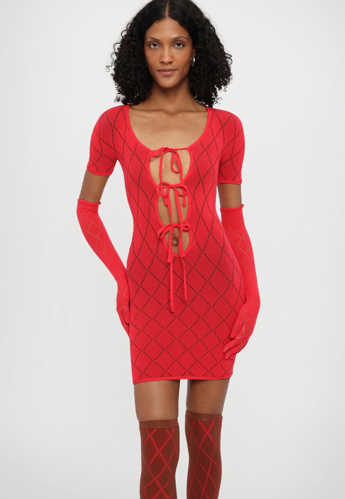 Argyle double-layer mini dress with socks and gloves