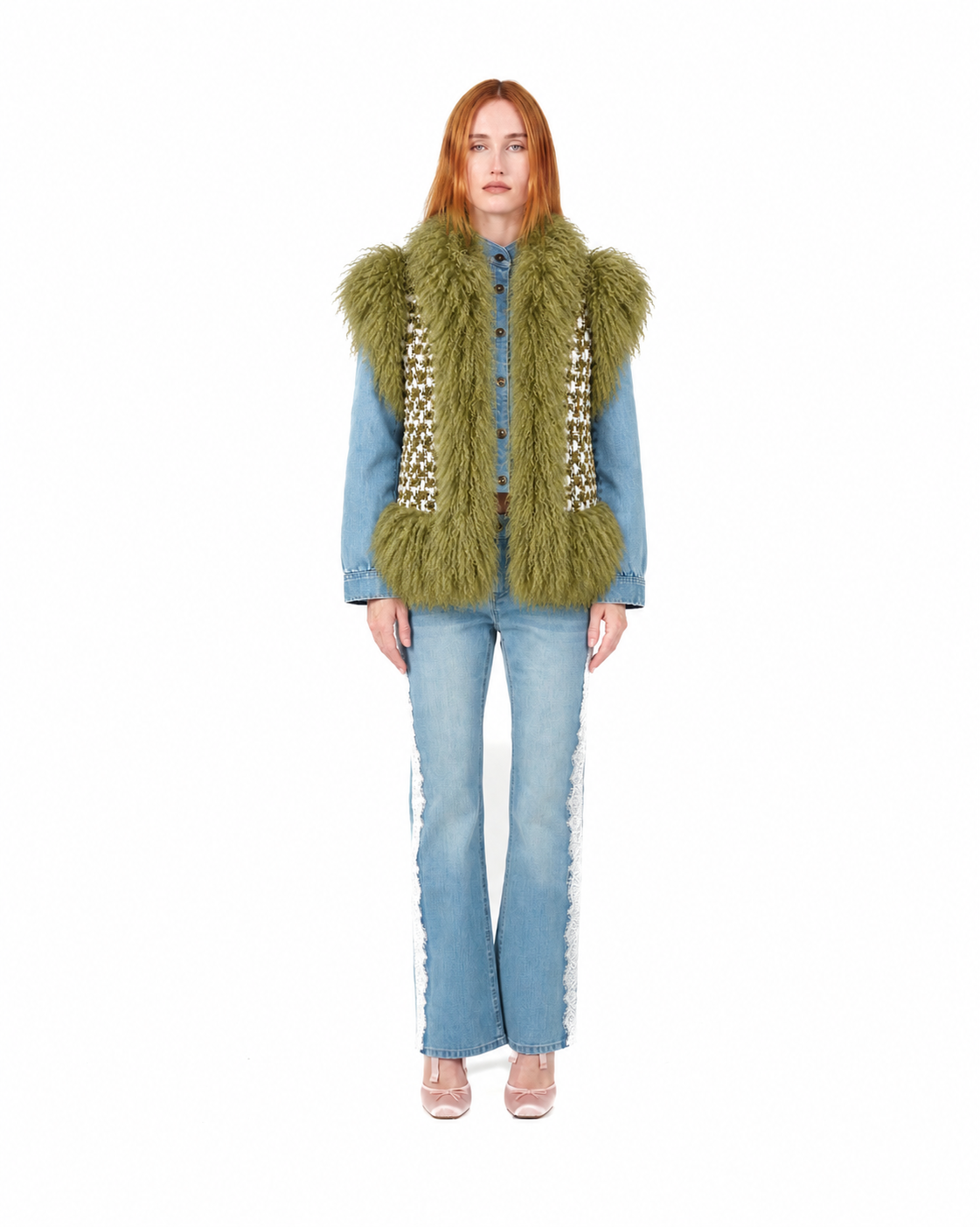 Mongolian Trim Wool Gilet- Avocado, image 2 of 6