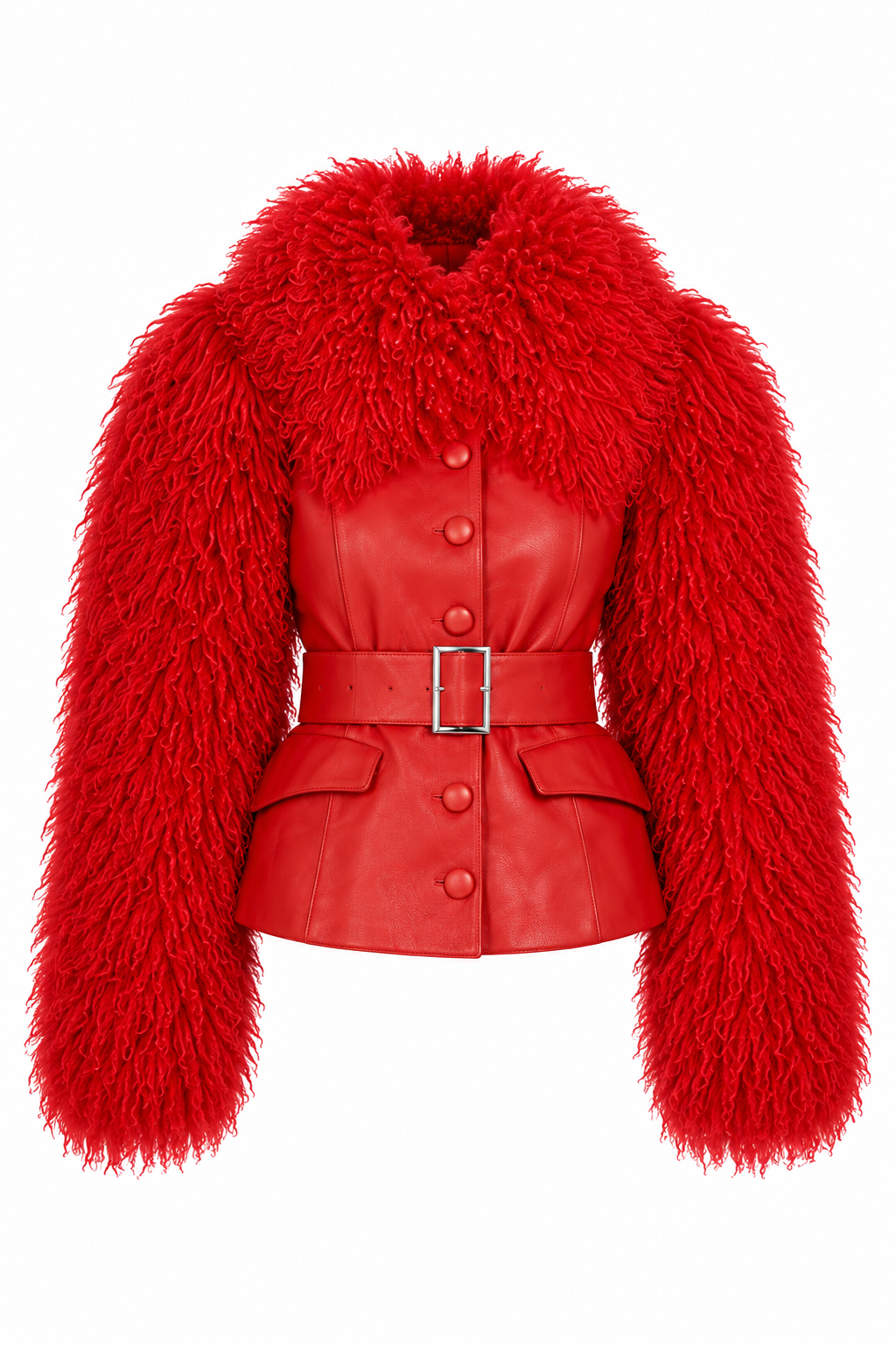 Leather Coat with Mongolian Fur Sleeves and Collar- Red, image 1 of 5