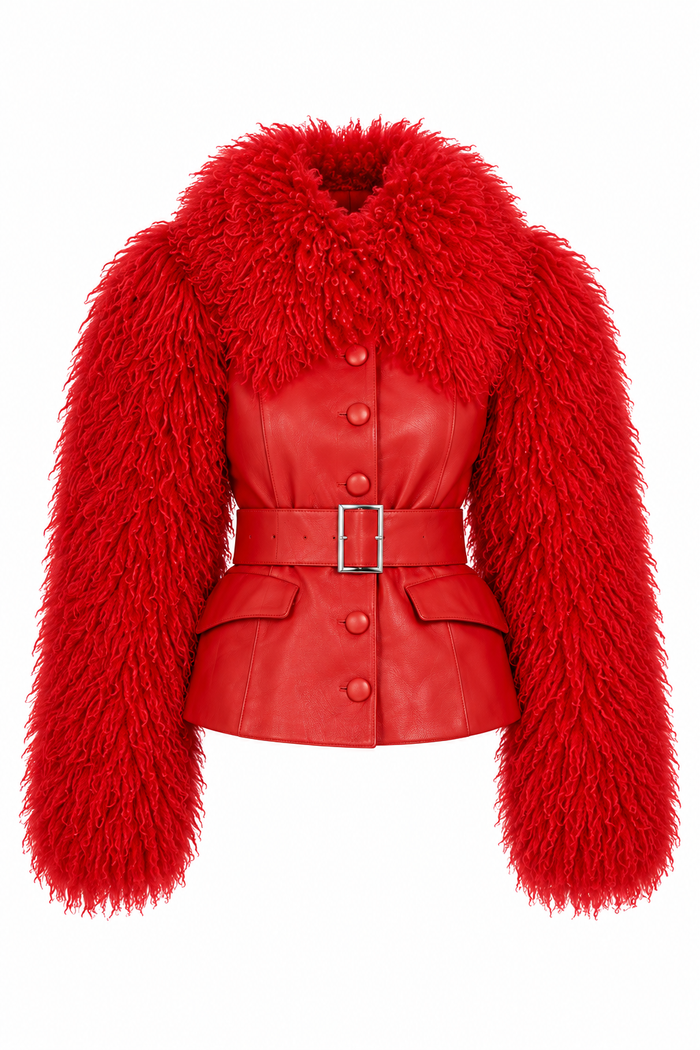Leather Coat with Mongolian Fur Sleeves and Collar- Red