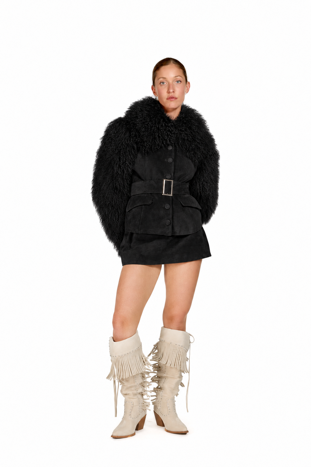 Suede Coat with Mongolian Fur Sleeves and Collar- Black, image 2 of 8