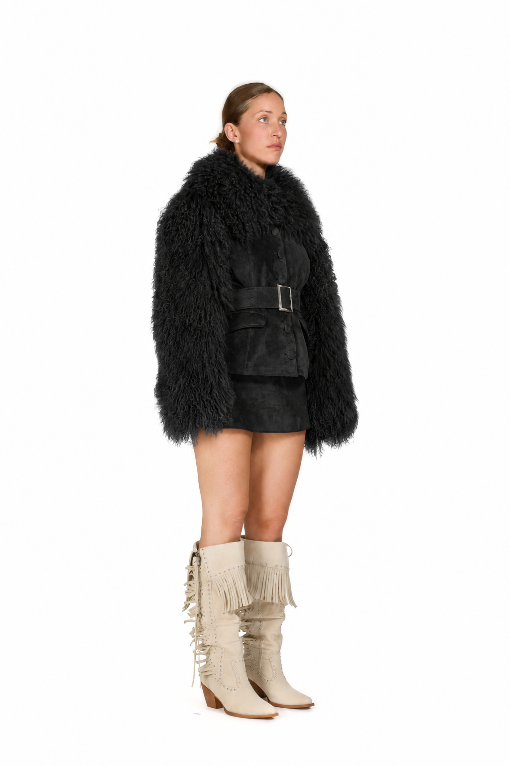 Suede Coat with Mongolian Fur Sleeves and Collar- Black, image 6 of 8