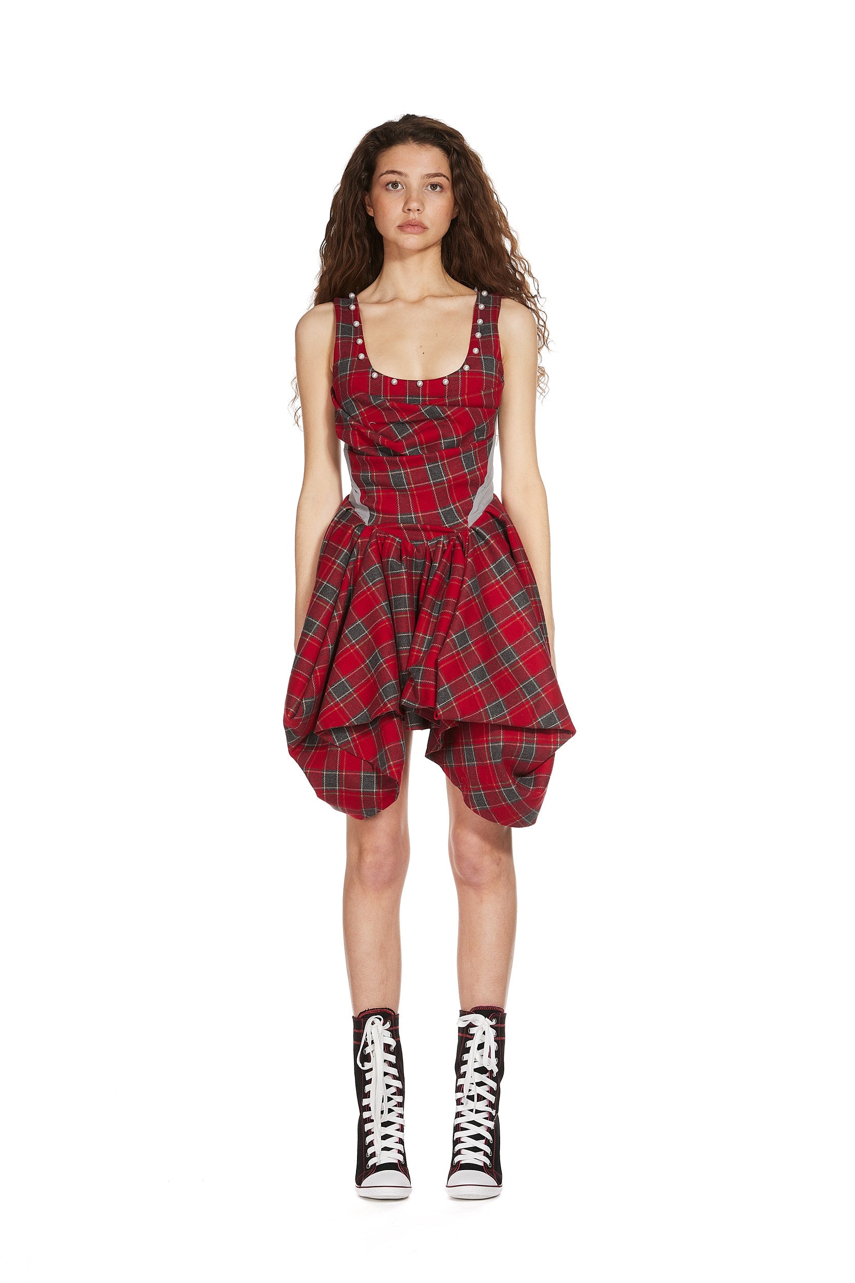 Tartan Corset Dress with Pearl Studs