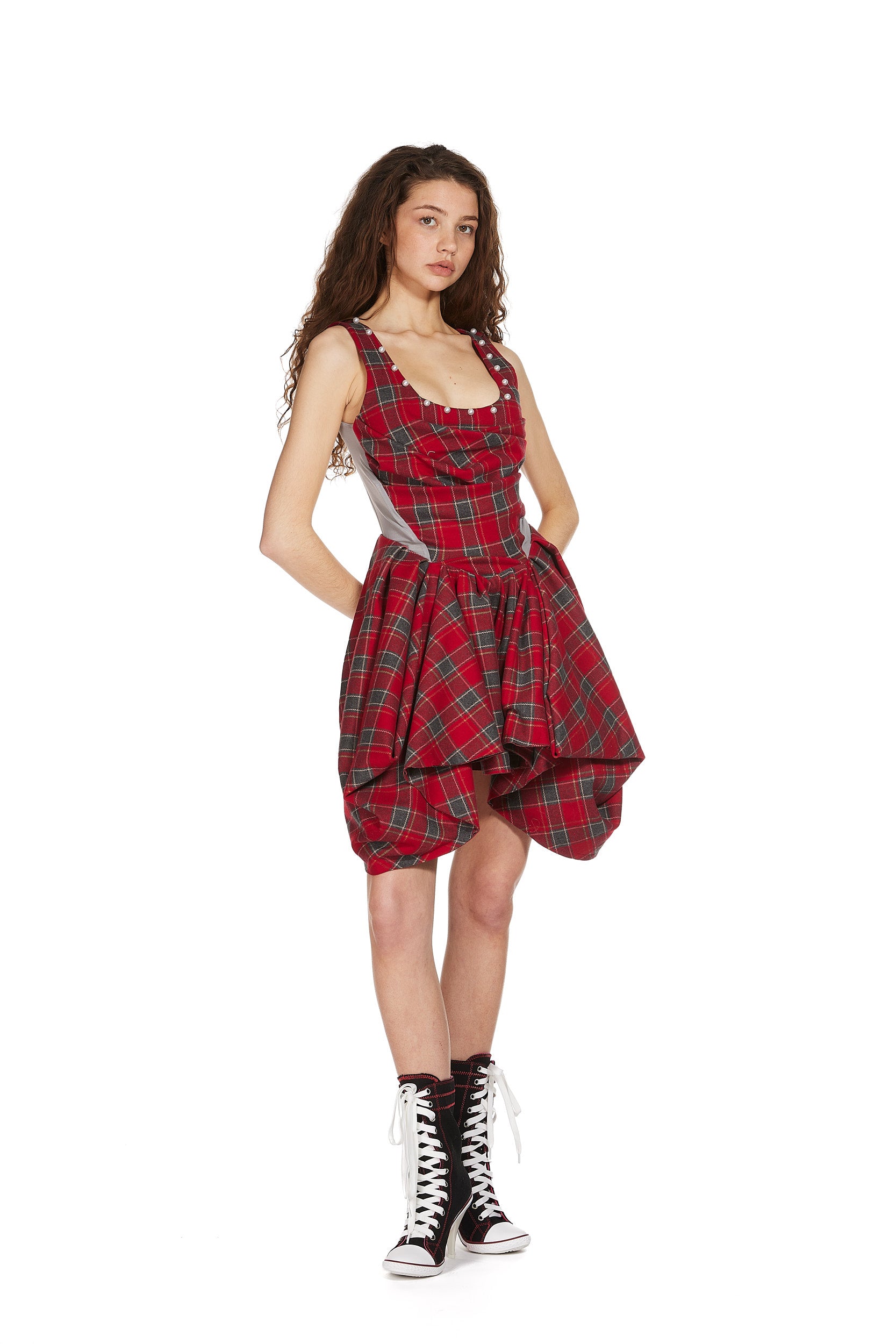 Tartan Corset Dress with Pearl Studs