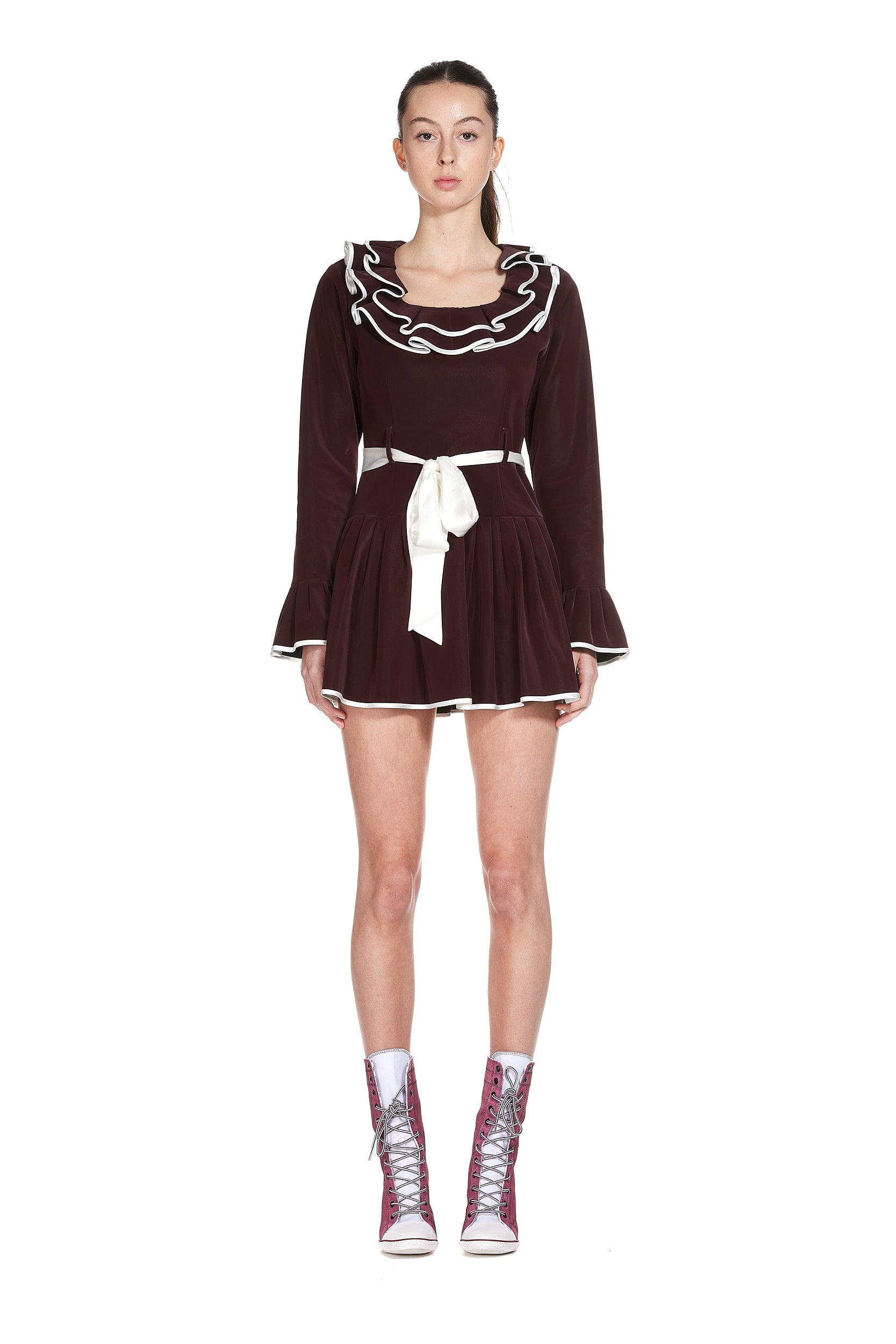 Ruffle Collar Dress in Water-proof Velour Cranberry Fabric