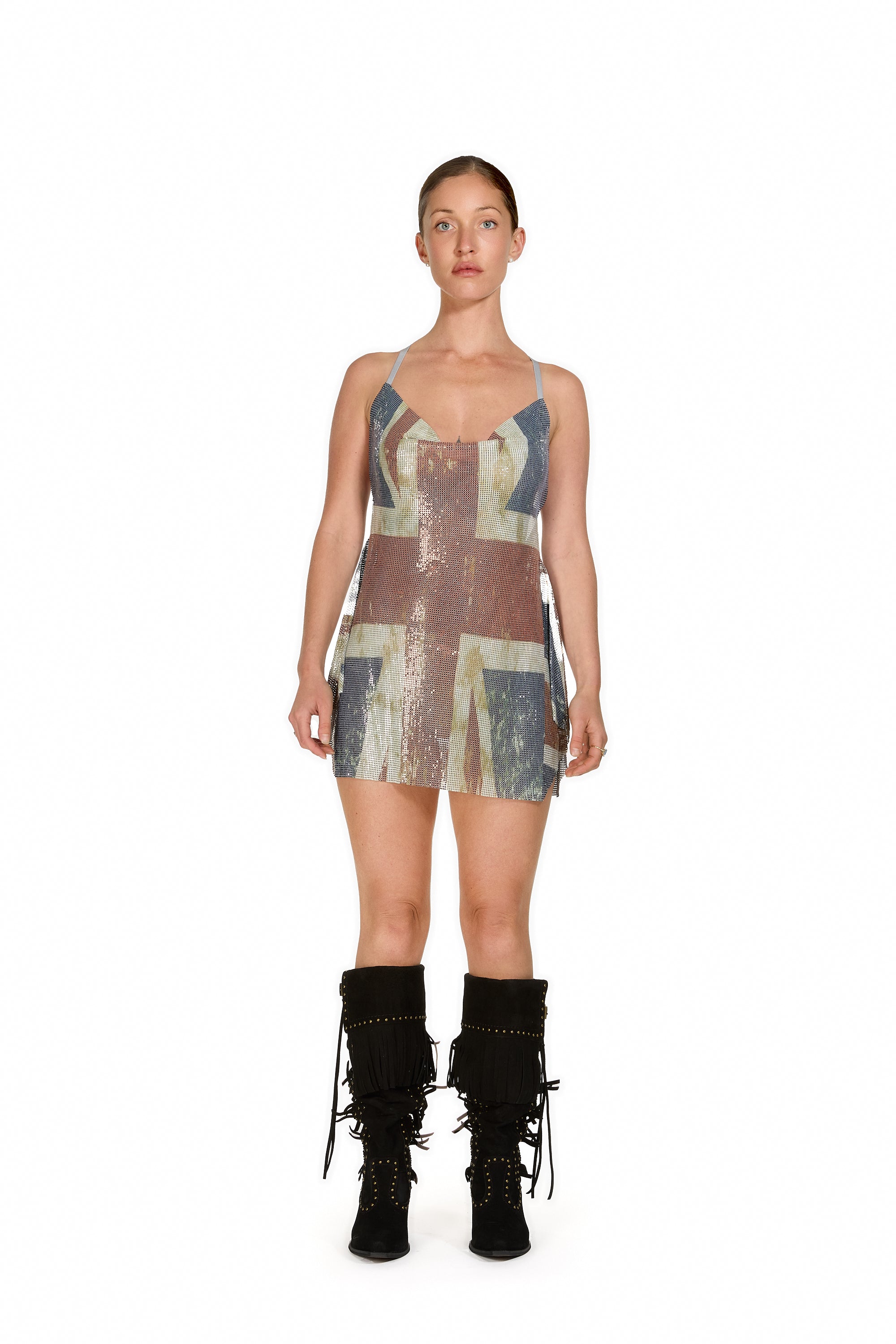 Distressed Flag Printed Chainmail Mini Dress