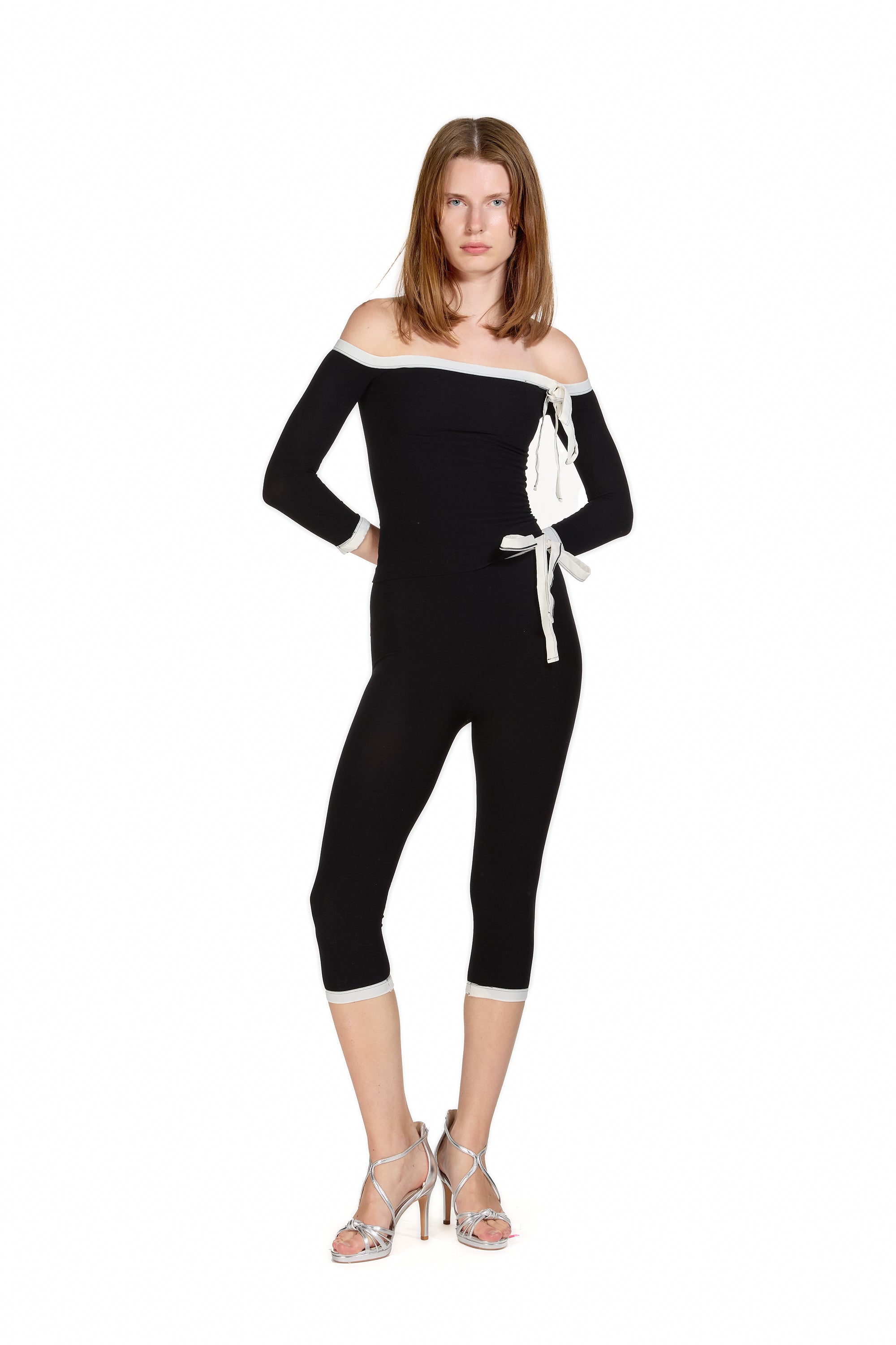 Off the Shoulder Black Top with Bow Detail and Matching Capri-Pants