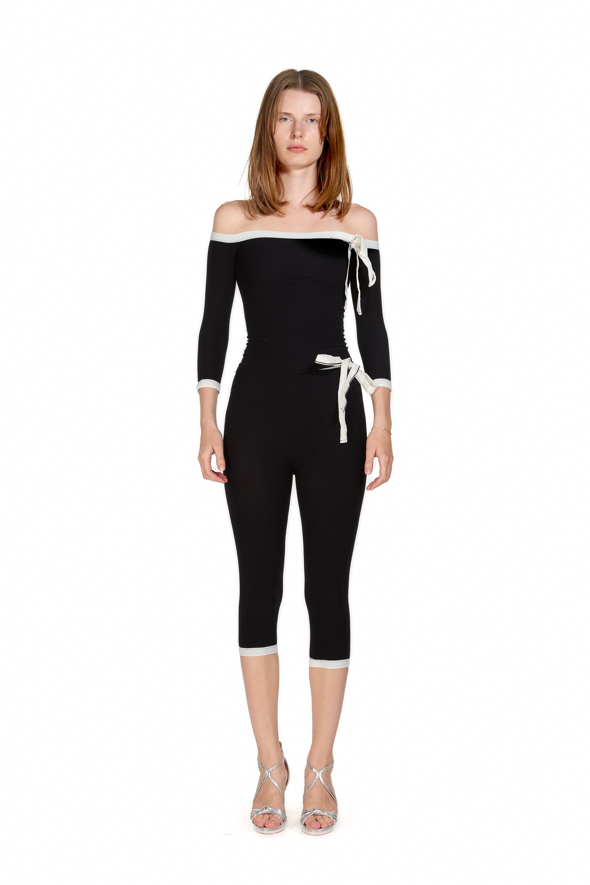 Off the Shoulder Black Top with Bow Detail and Matching Capri-Pants