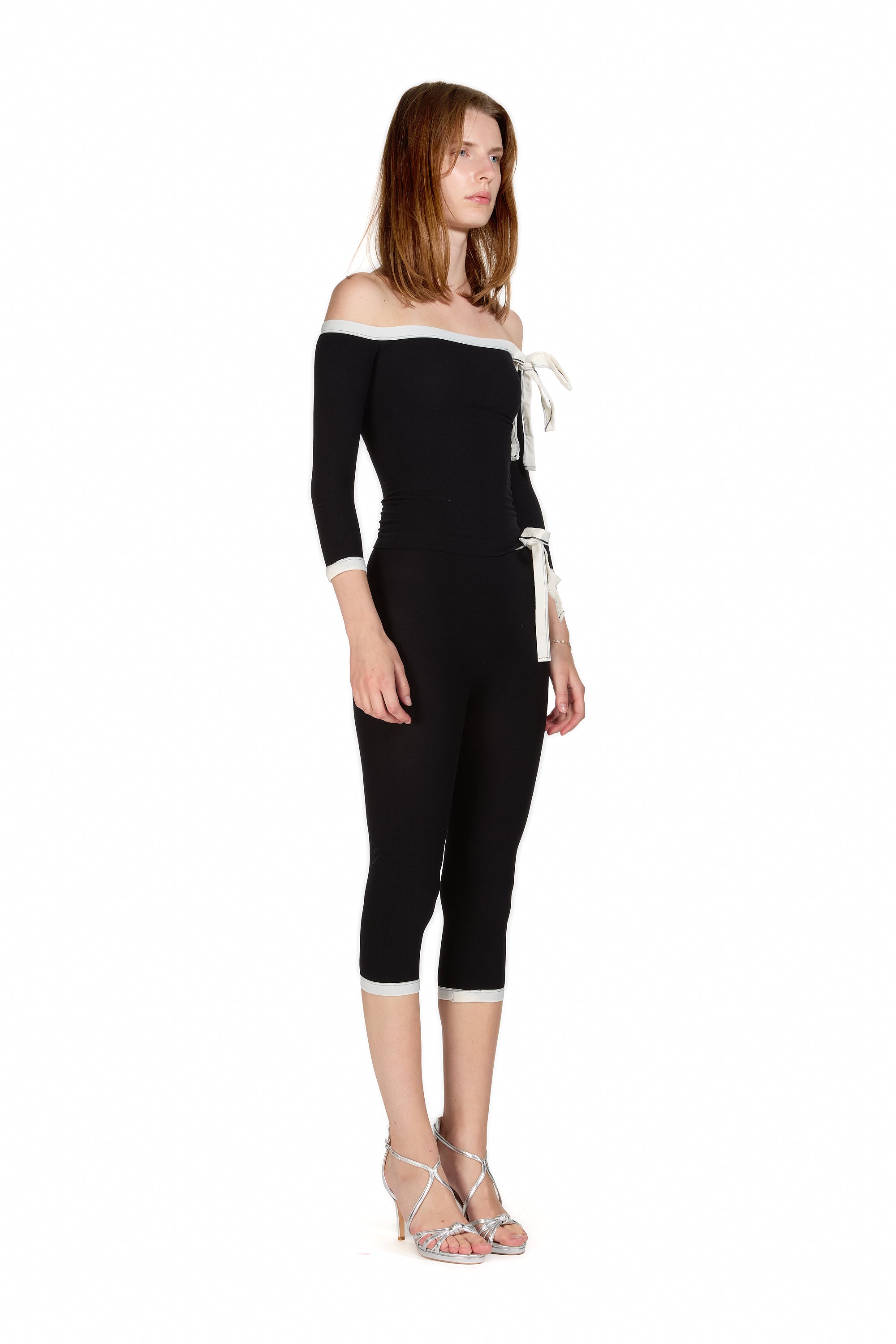 Off the Shoulder Black Top with Bow Detail and Matching Capri-Pants