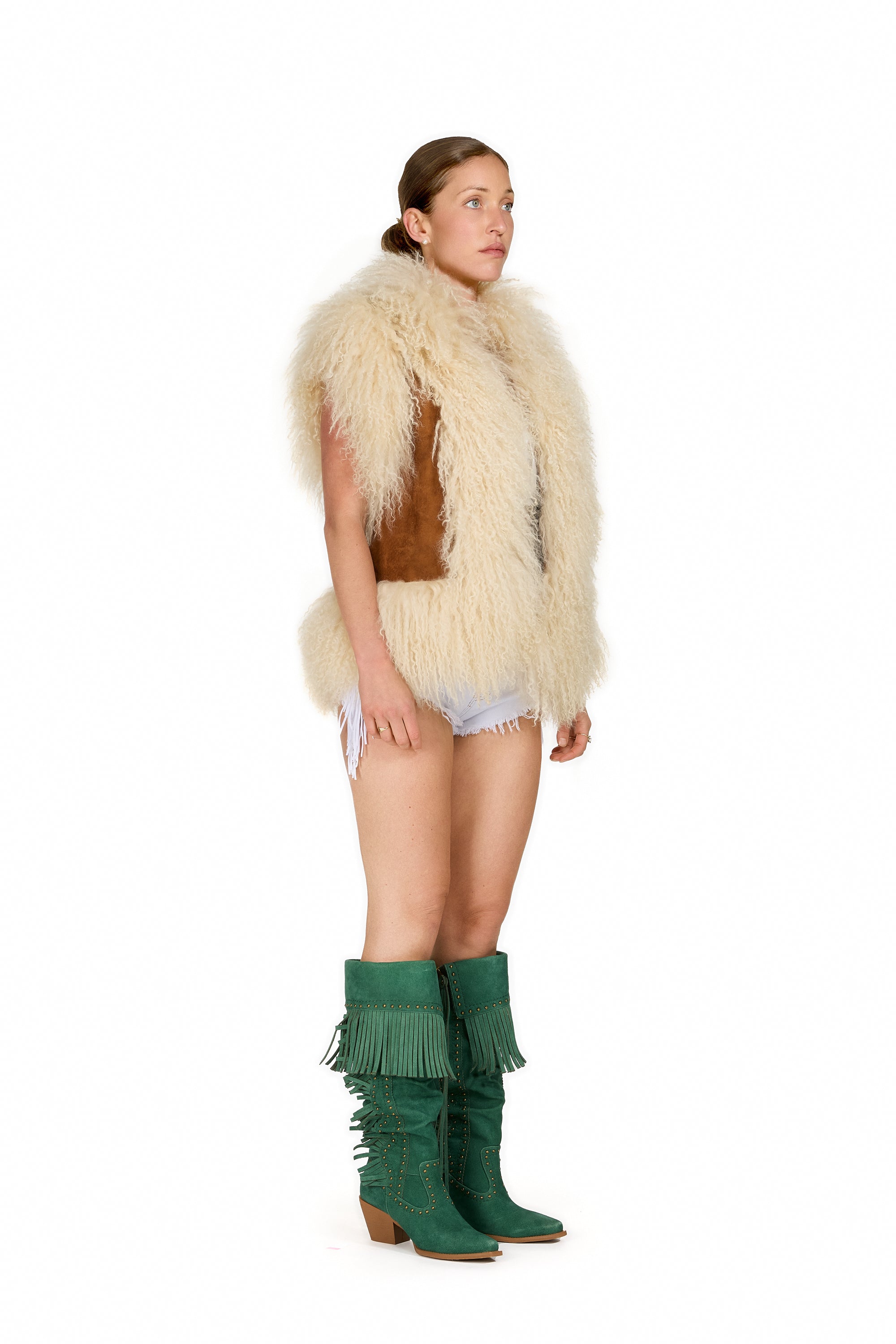 Mongolian Trim Wool Gilet- Tan Suede