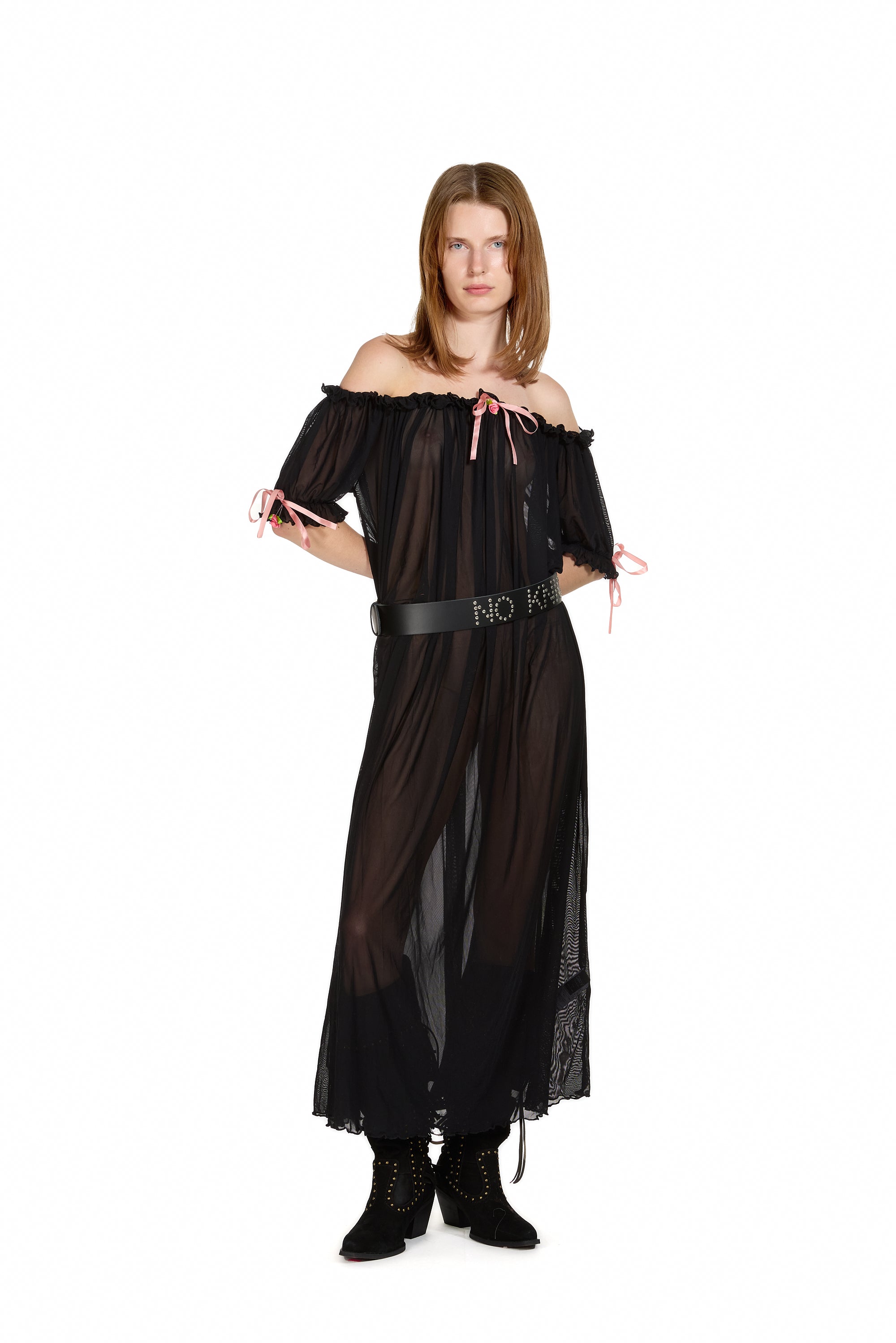 Mesh Milk-Maid Maxi Dress with Rose Trim