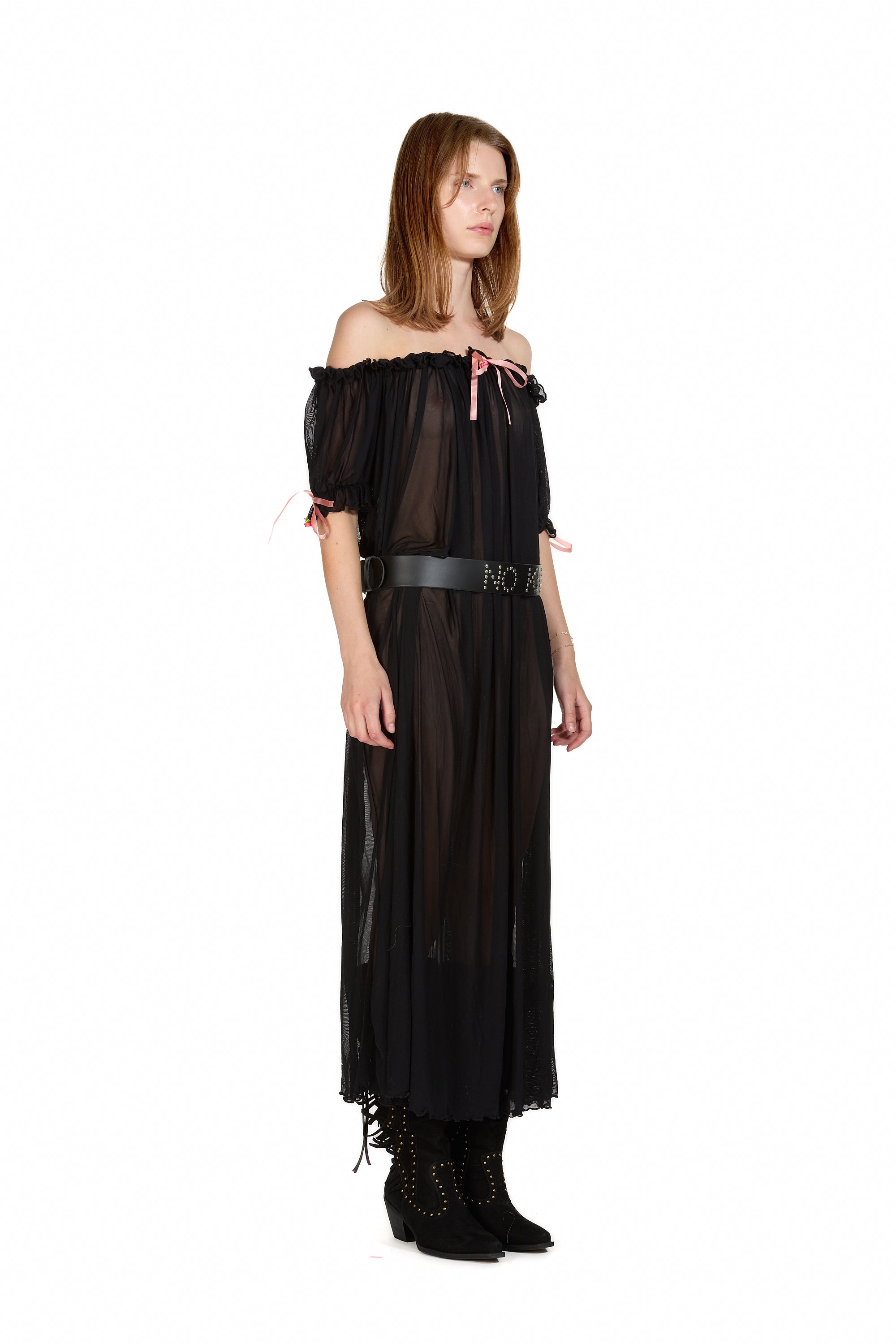 Mesh Milk-Maid Maxi Dress with Rose Trim