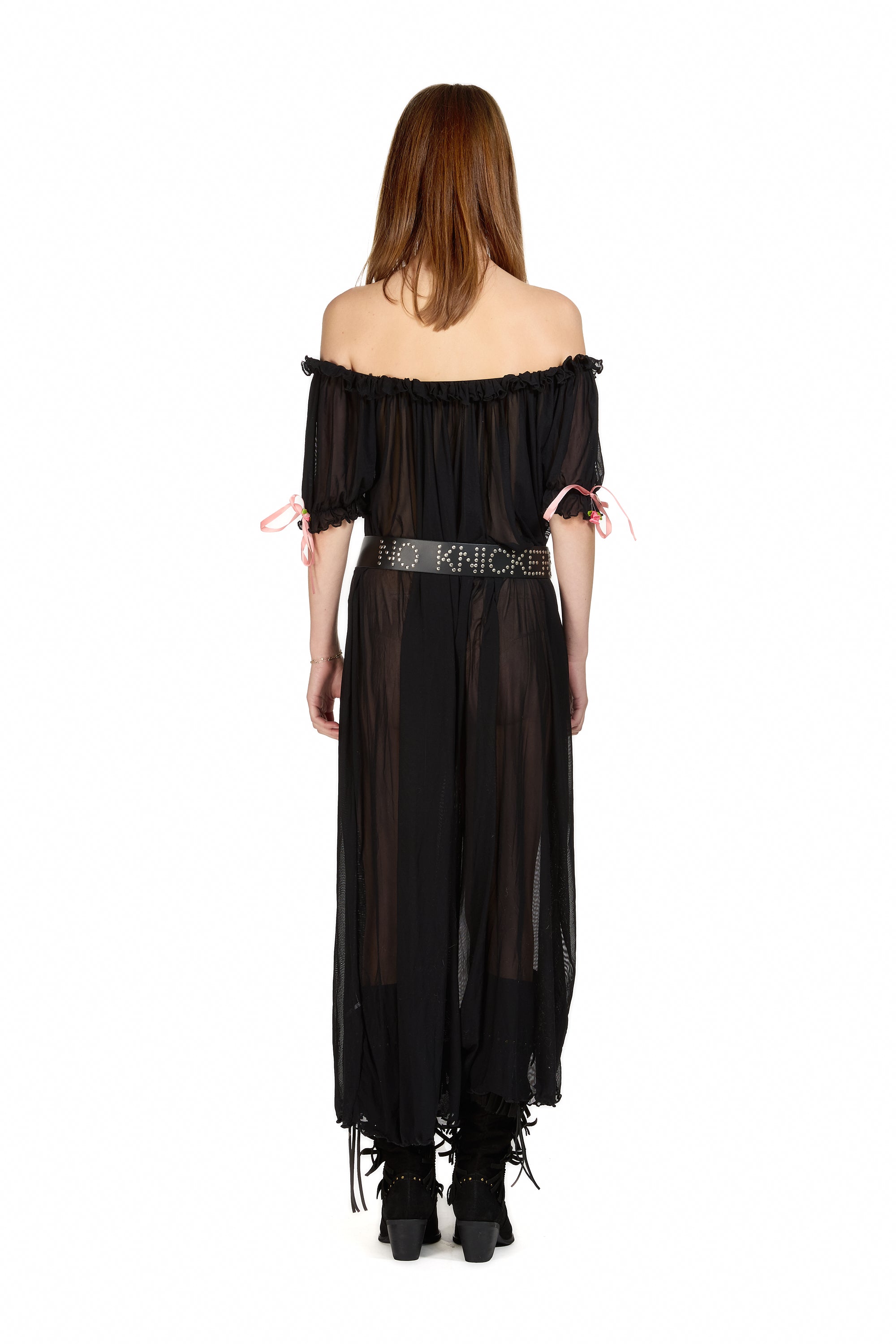 Mesh Milk-Maid Maxi Dress with Rose Trim