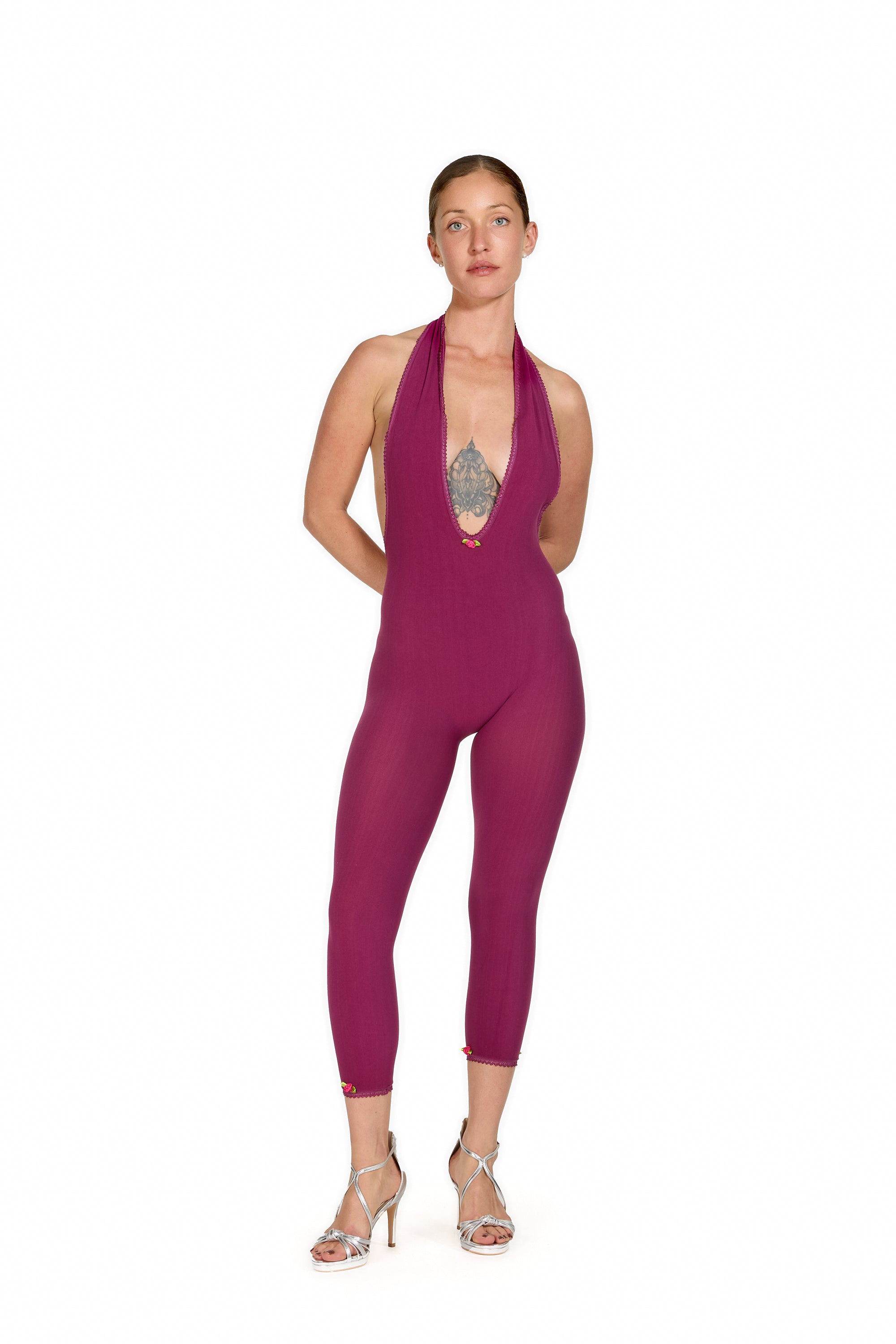 “English Rose” Halter-Neck Capri Jumpsuit in Fuschia with Tricot Trim