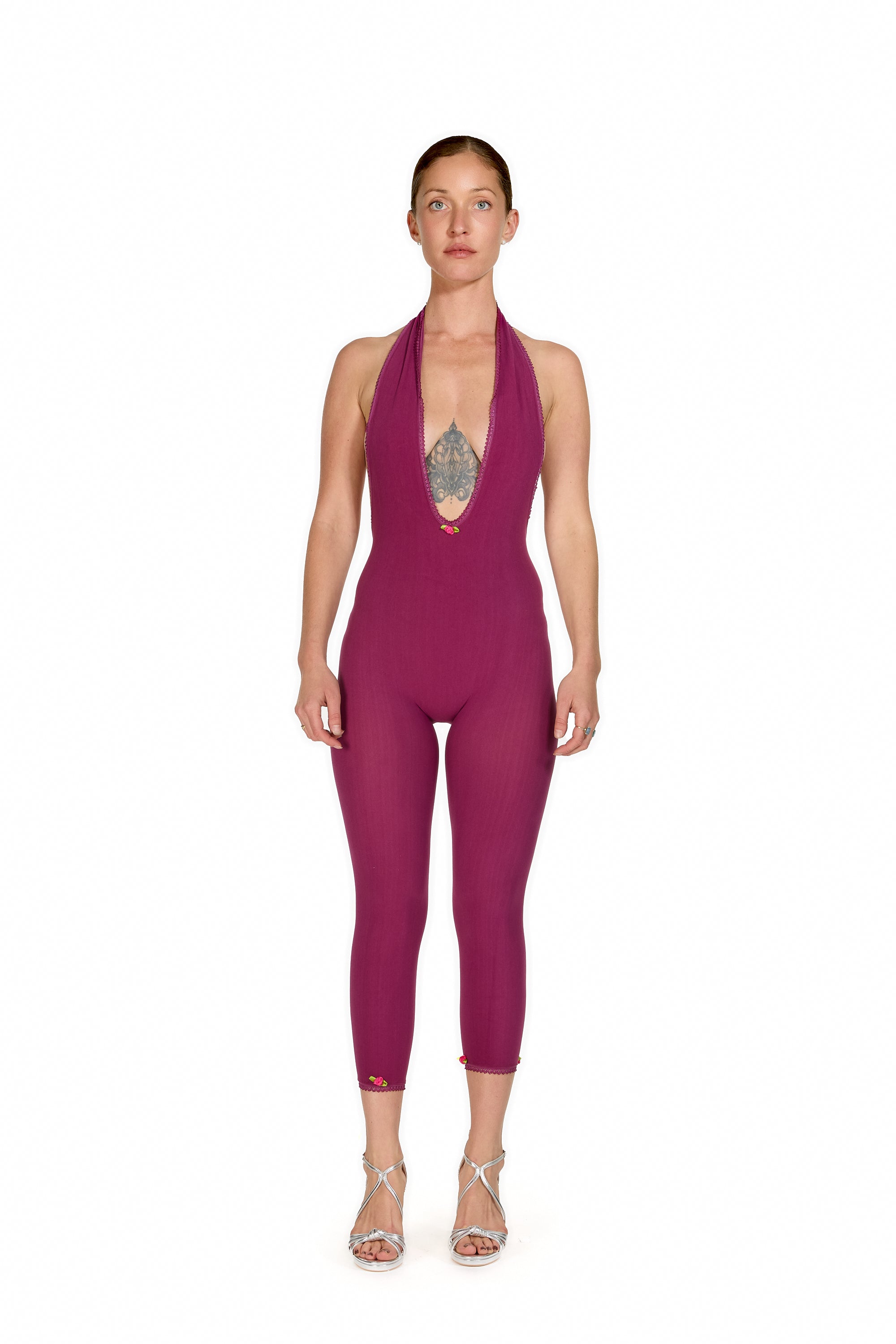 “English Rose” Halter-Neck Capri Jumpsuit in Fuschia with Tricot Trim