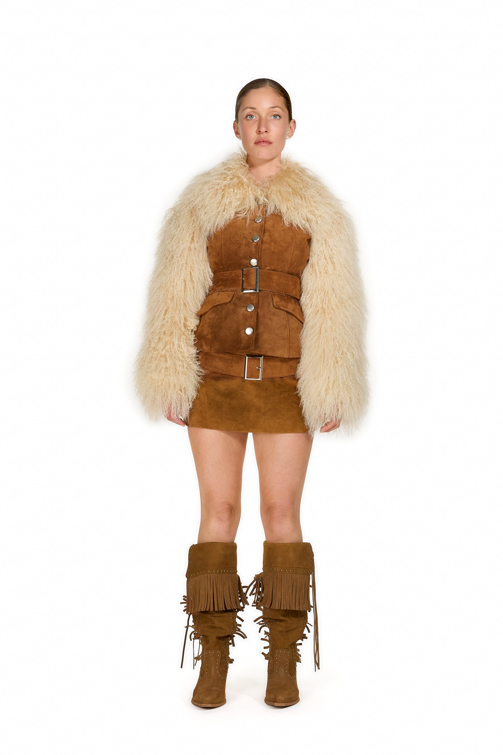 Suede Mini-Skirt in Tan with Belt