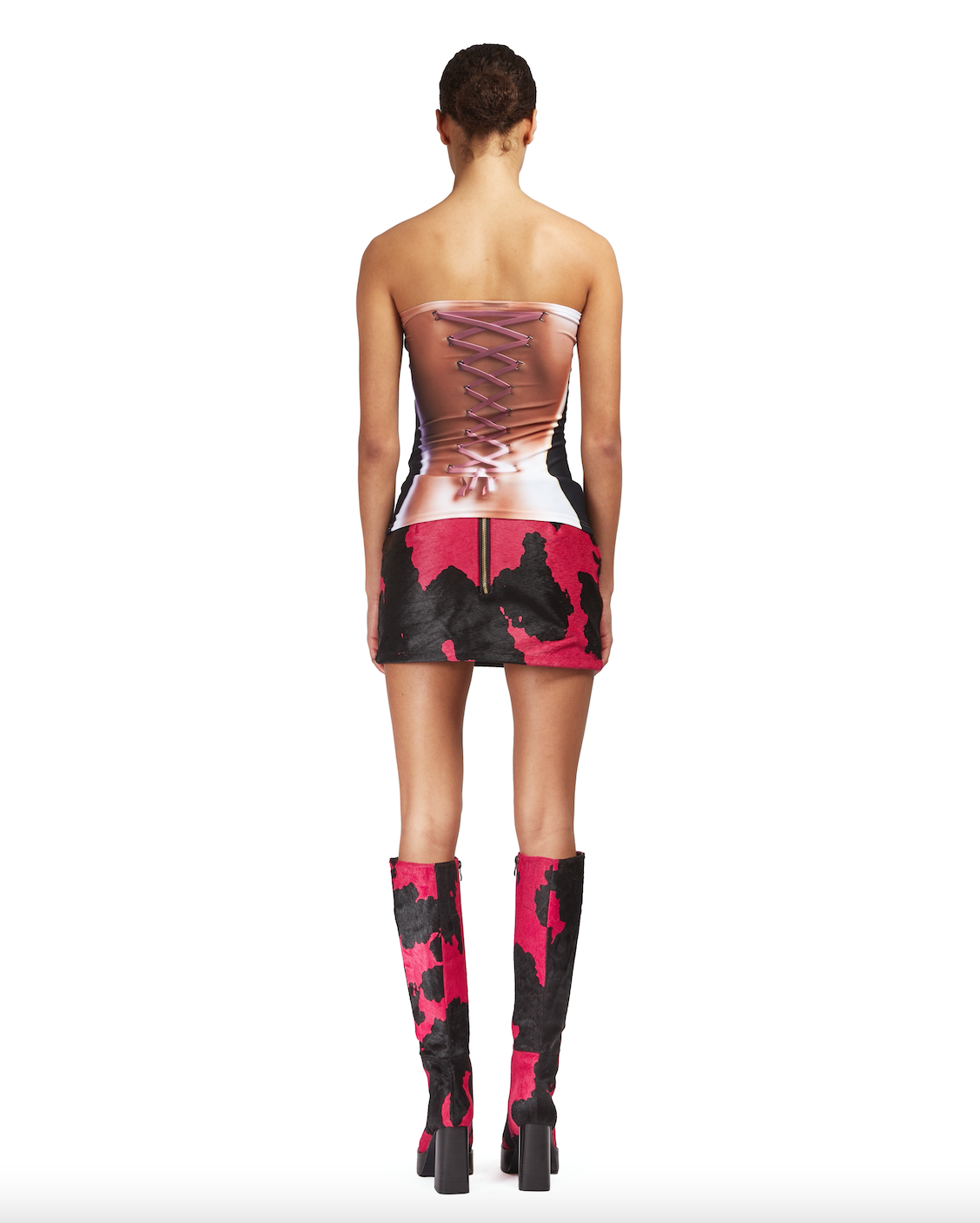 Printed cow-hide mini skirt with chunky metal zip