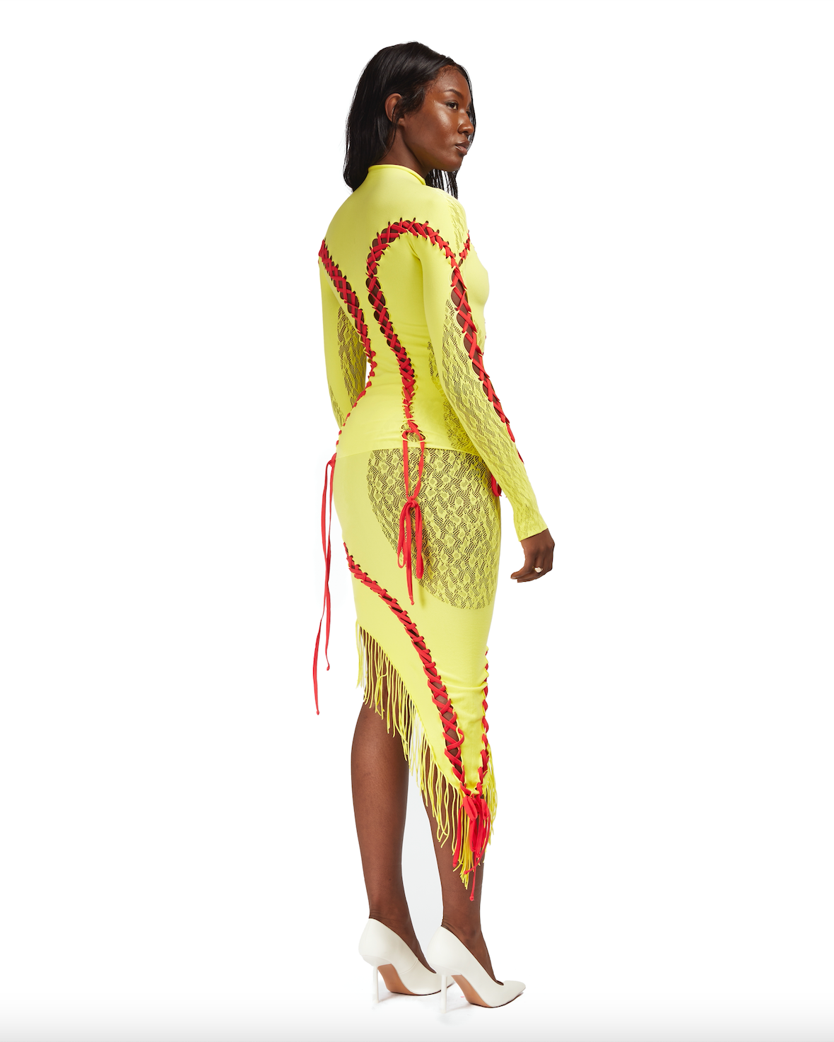 Seamless roll-neck top with cord up detailing and leopard print mesh