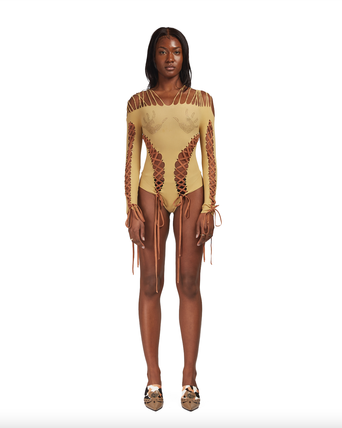 Seamless body-suit with lace up detailing and rhinestone hand-prints –  Sinead Gorey