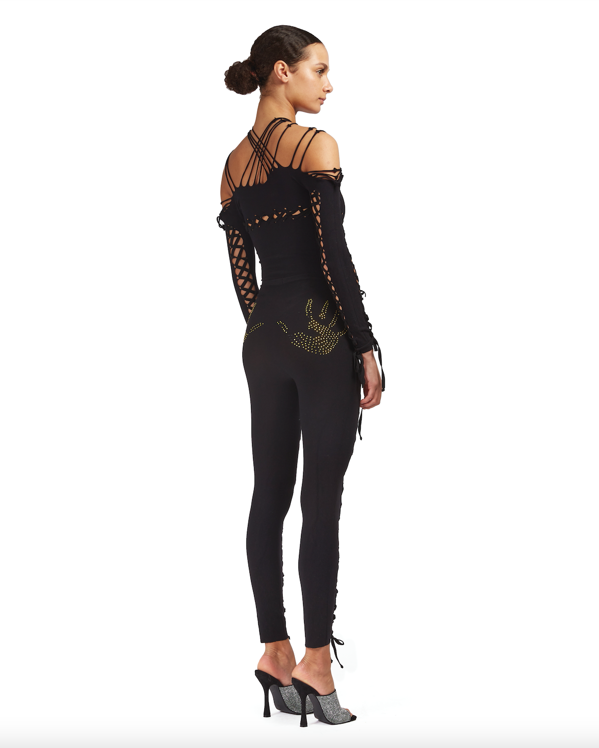 Seamless leggings with lace up detailing and rhinestone hand-prints