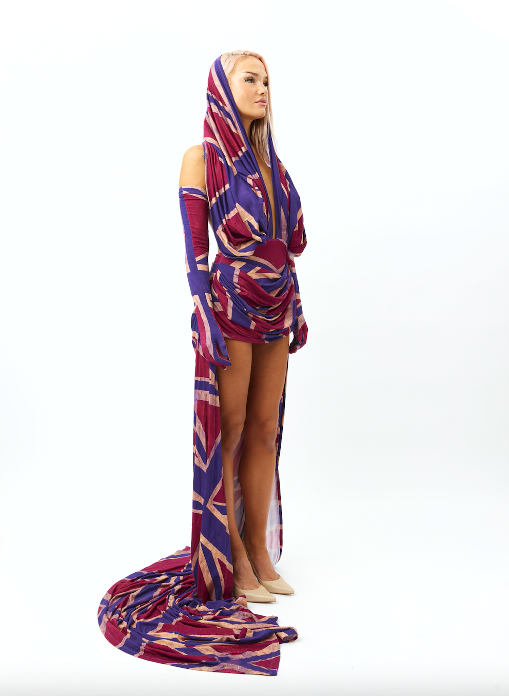 Distressed Union-Jack Hood Drape Dress