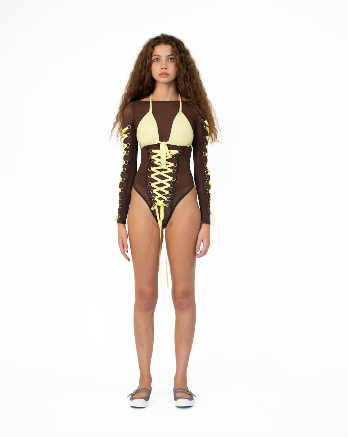 Corset-Piercing Mesh Ribbon Up Top