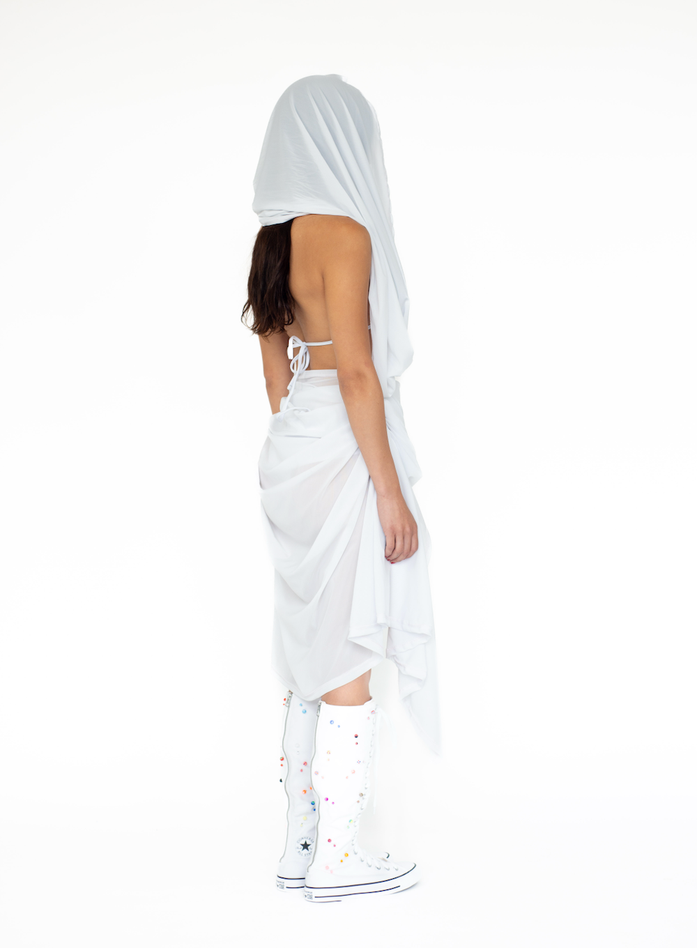 Power-mesh Hooded Cowl-Neck Dress