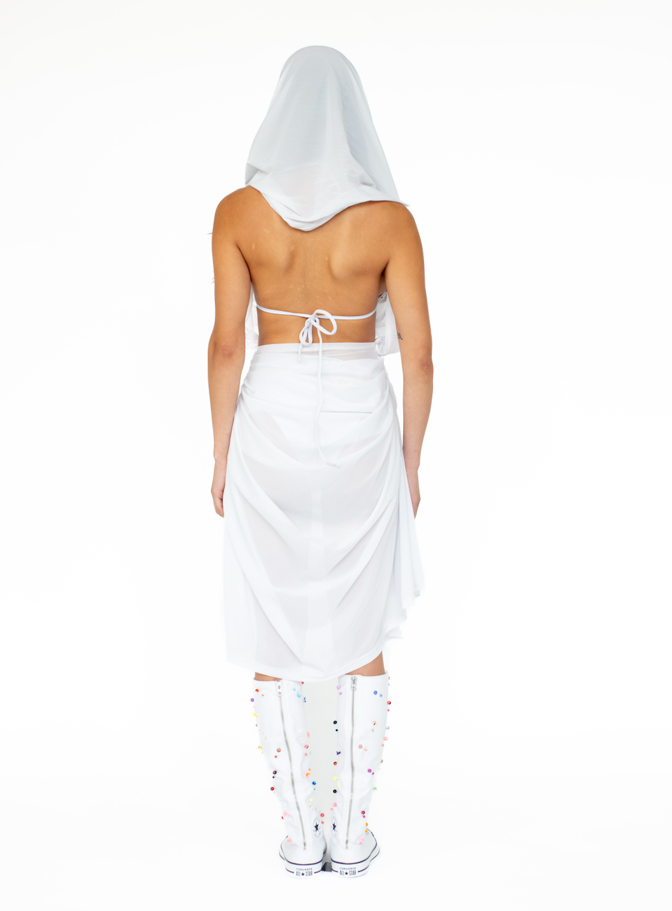 Power-mesh Hooded Cowl-Neck Dress