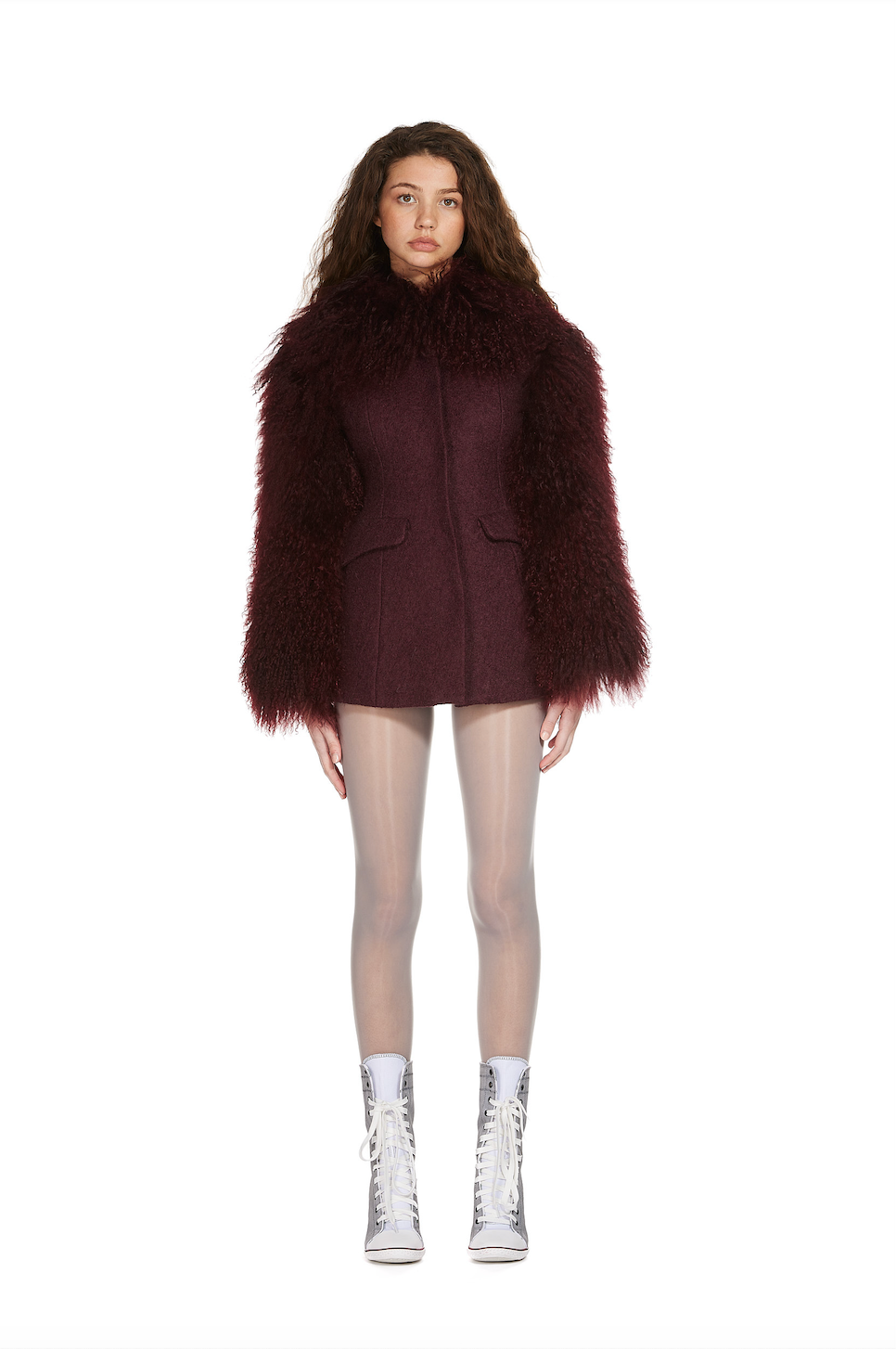Wool Tailored Coat with Mongolian Fur Sleeves and Collar