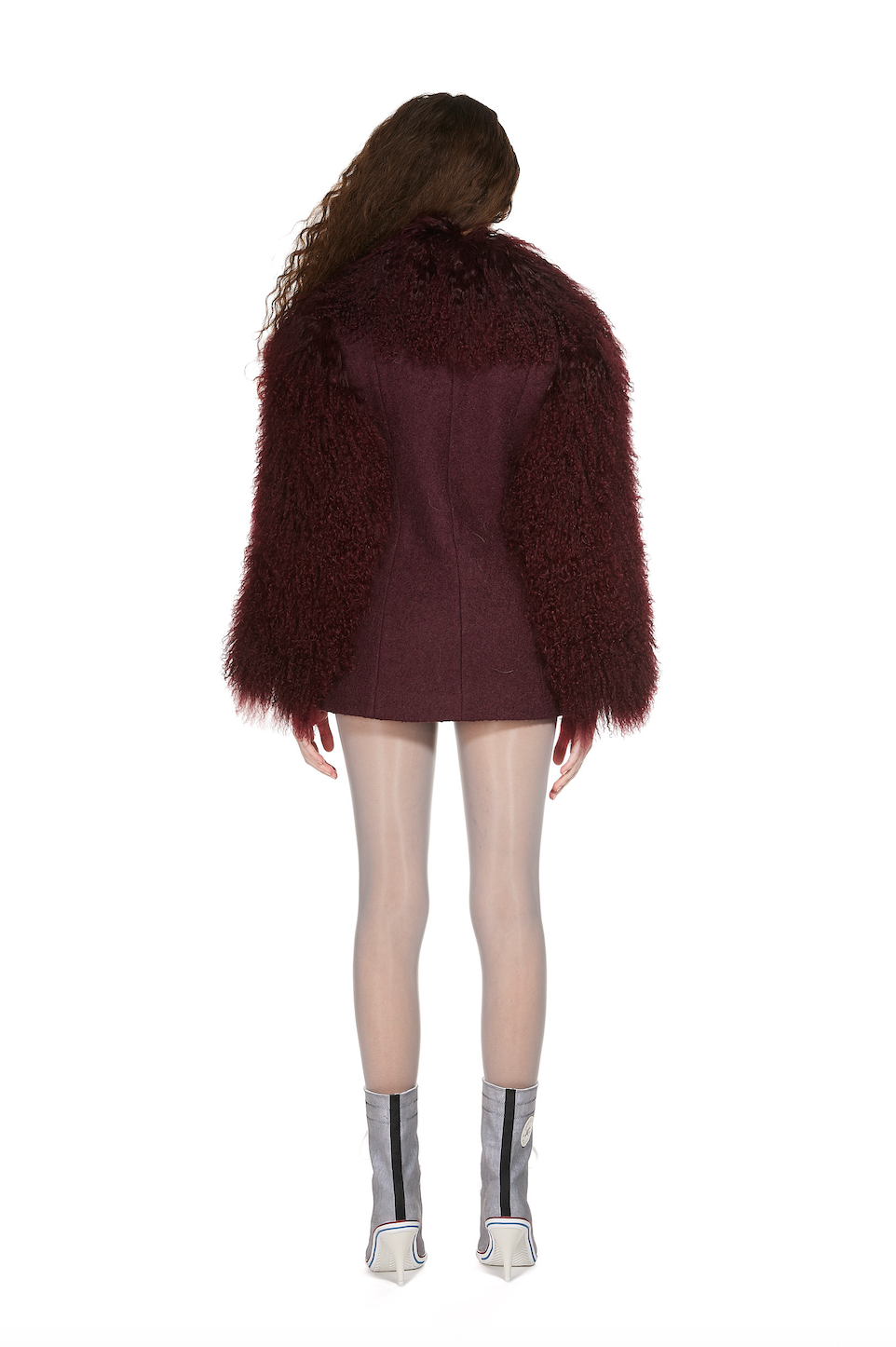 Wool Tailored Coat with Mongolian Fur Sleeves and Collar