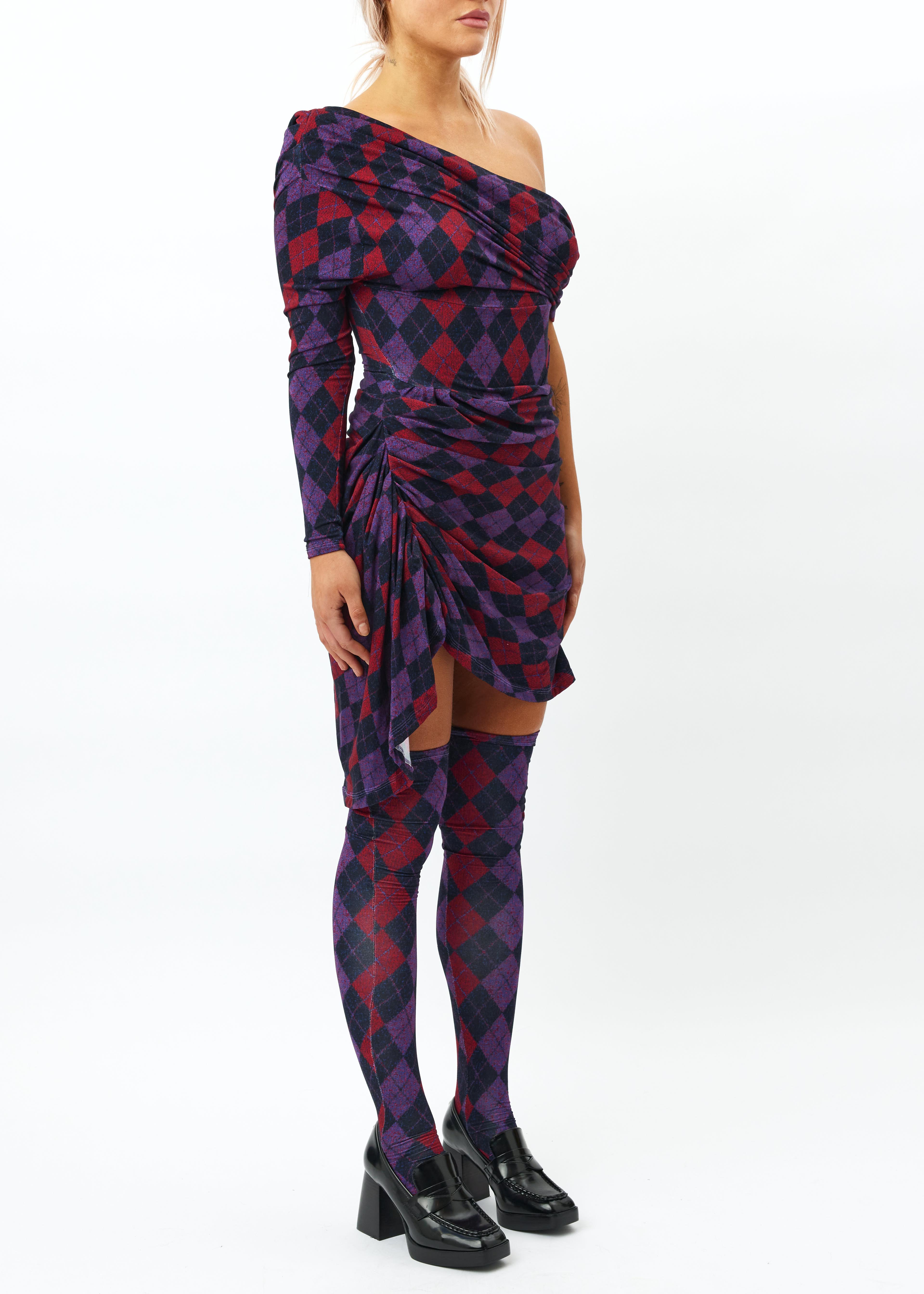 Argyle Draped Asymmetric Dress