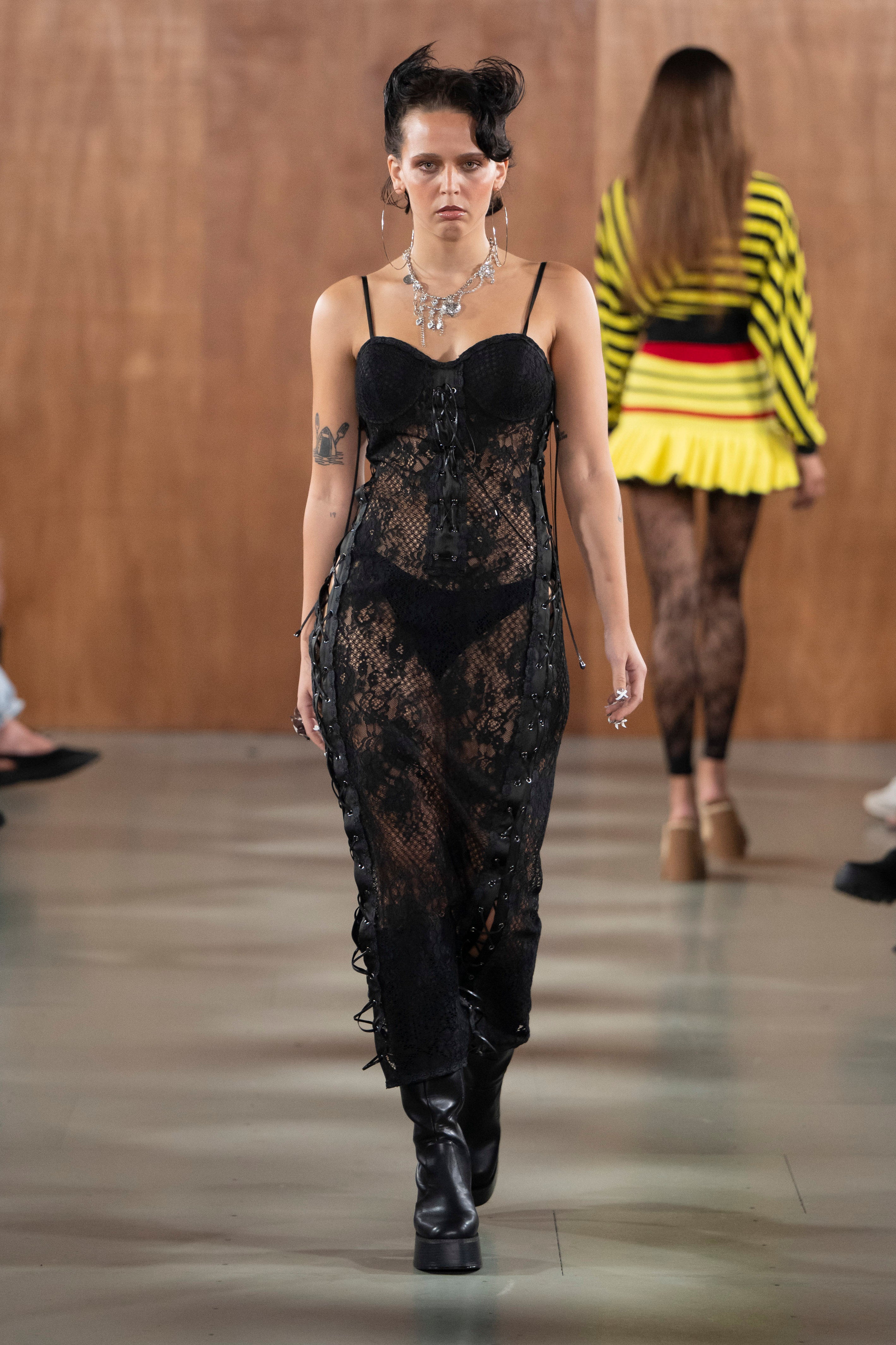 Lace Cord-Up Eyelet Dress