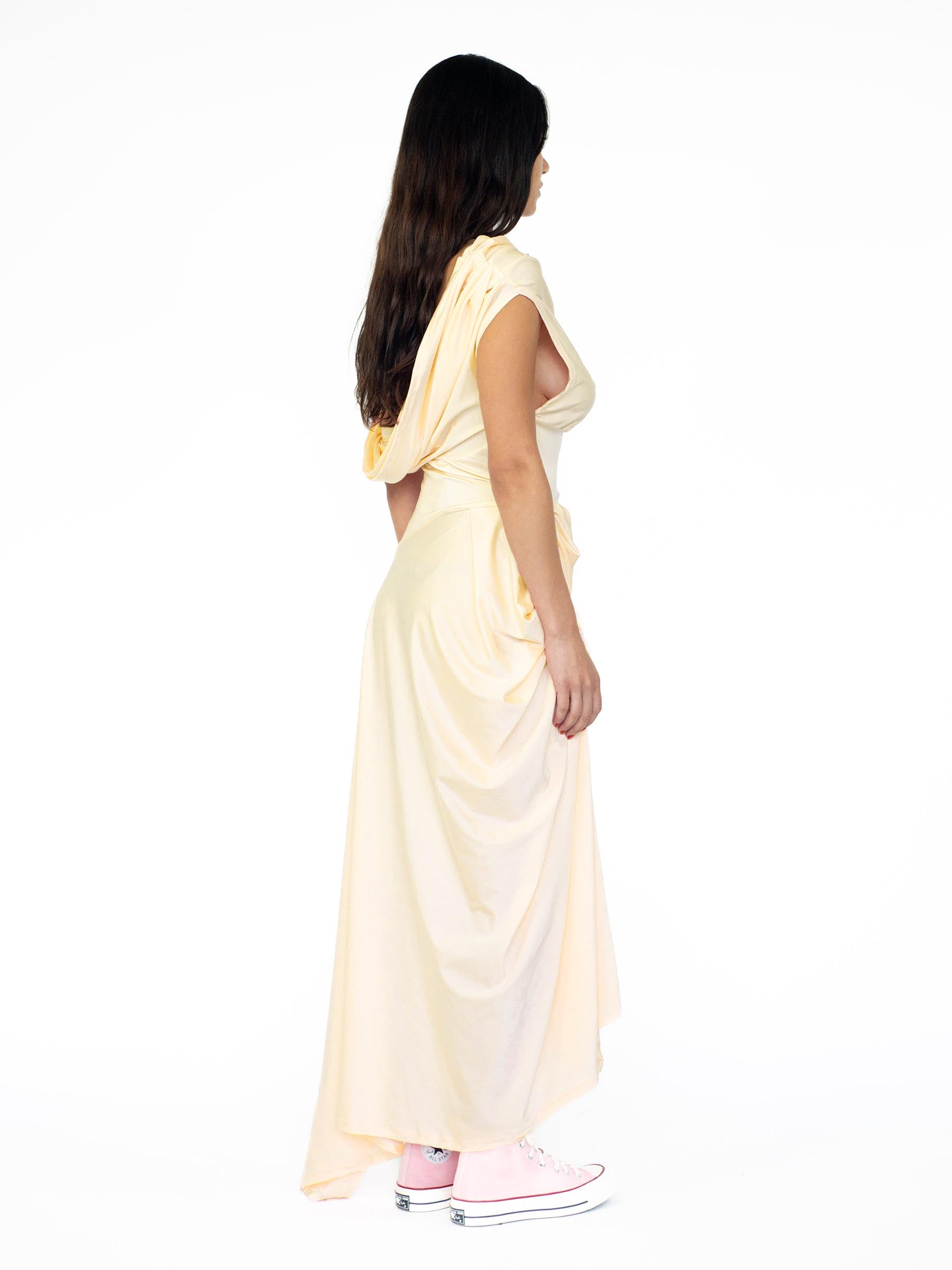 Butter Yellow- Sheen Draped Asymmetrical Dress