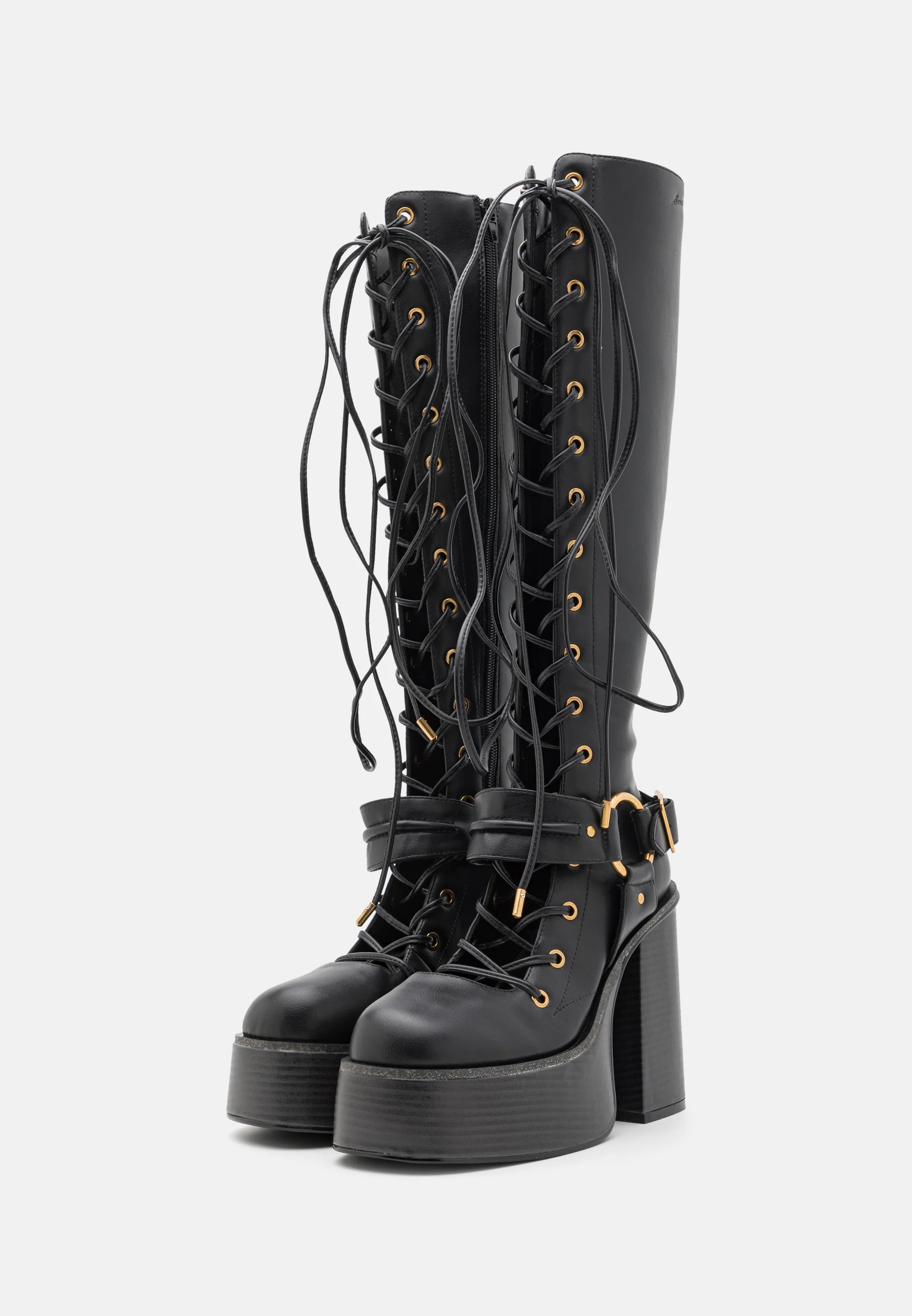 Lace Up Black Buckle Boots