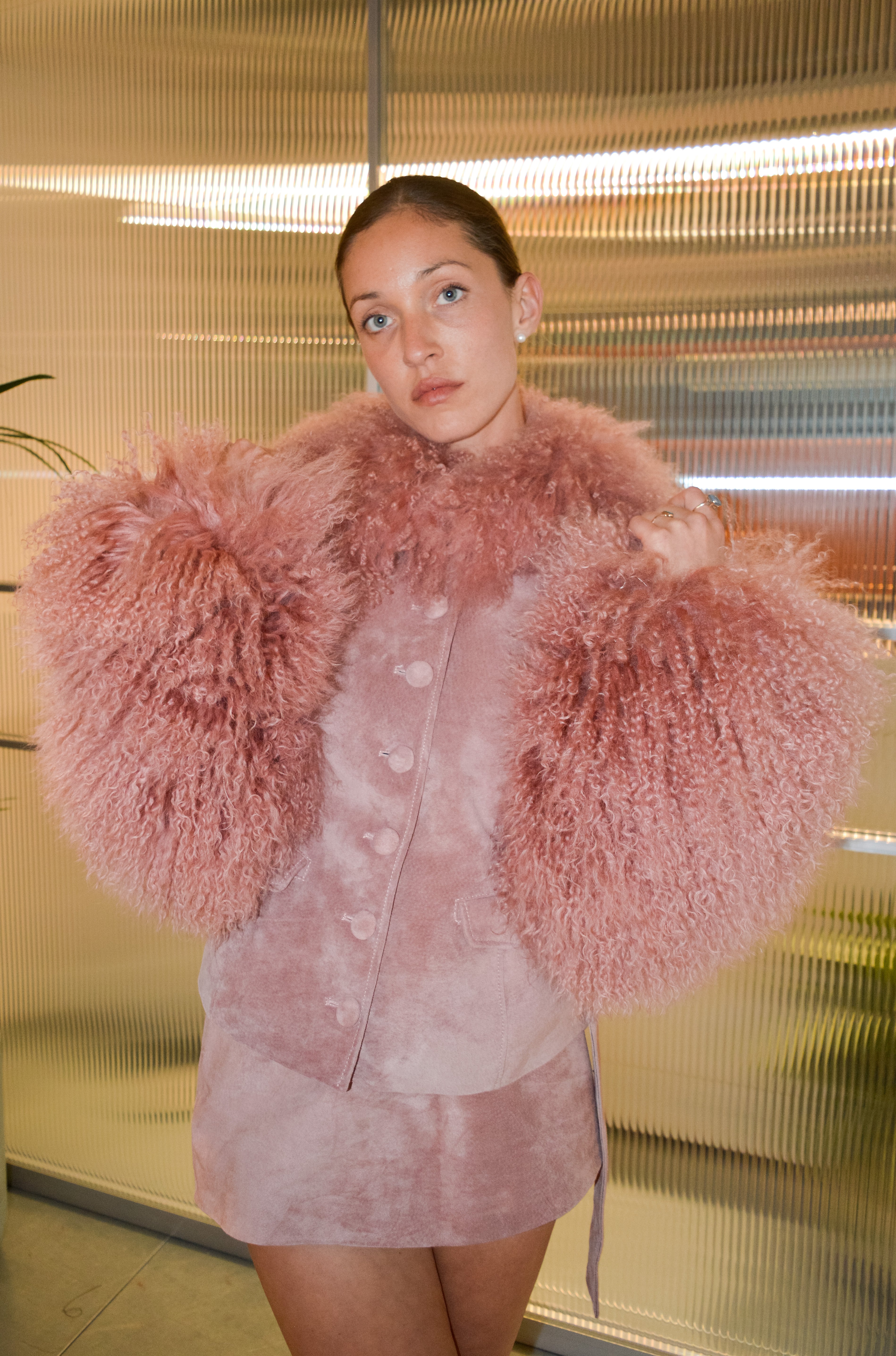 Suede Coat with Mongolian Fur Sleeves and Collar