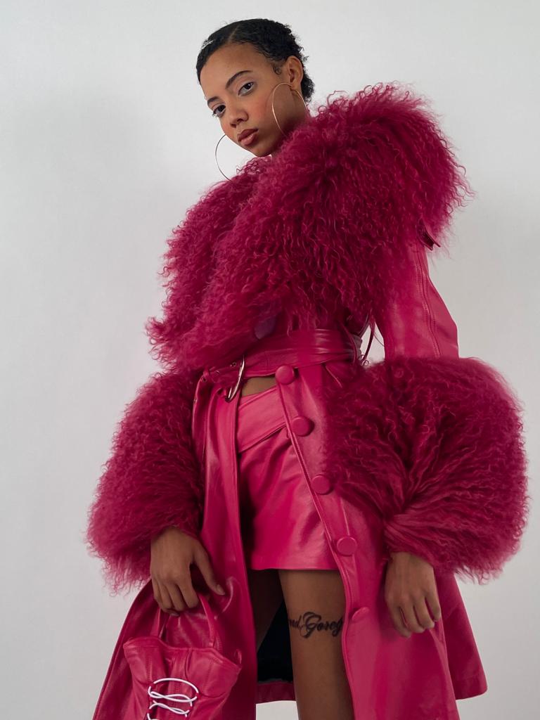 Leather Coat with Mongolian Fur Trim