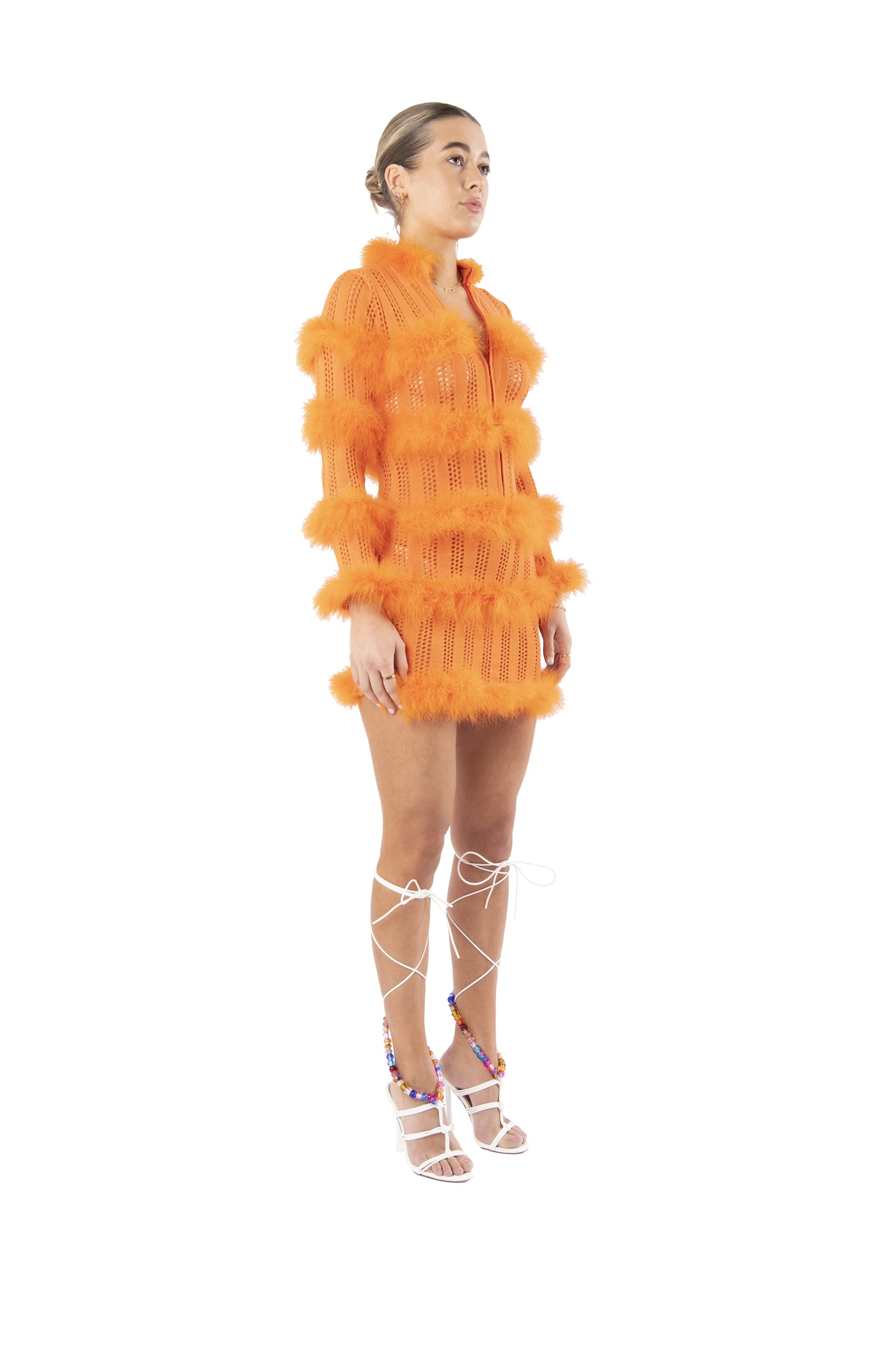 Hole-Punch Knitted Dress with Feather Trim