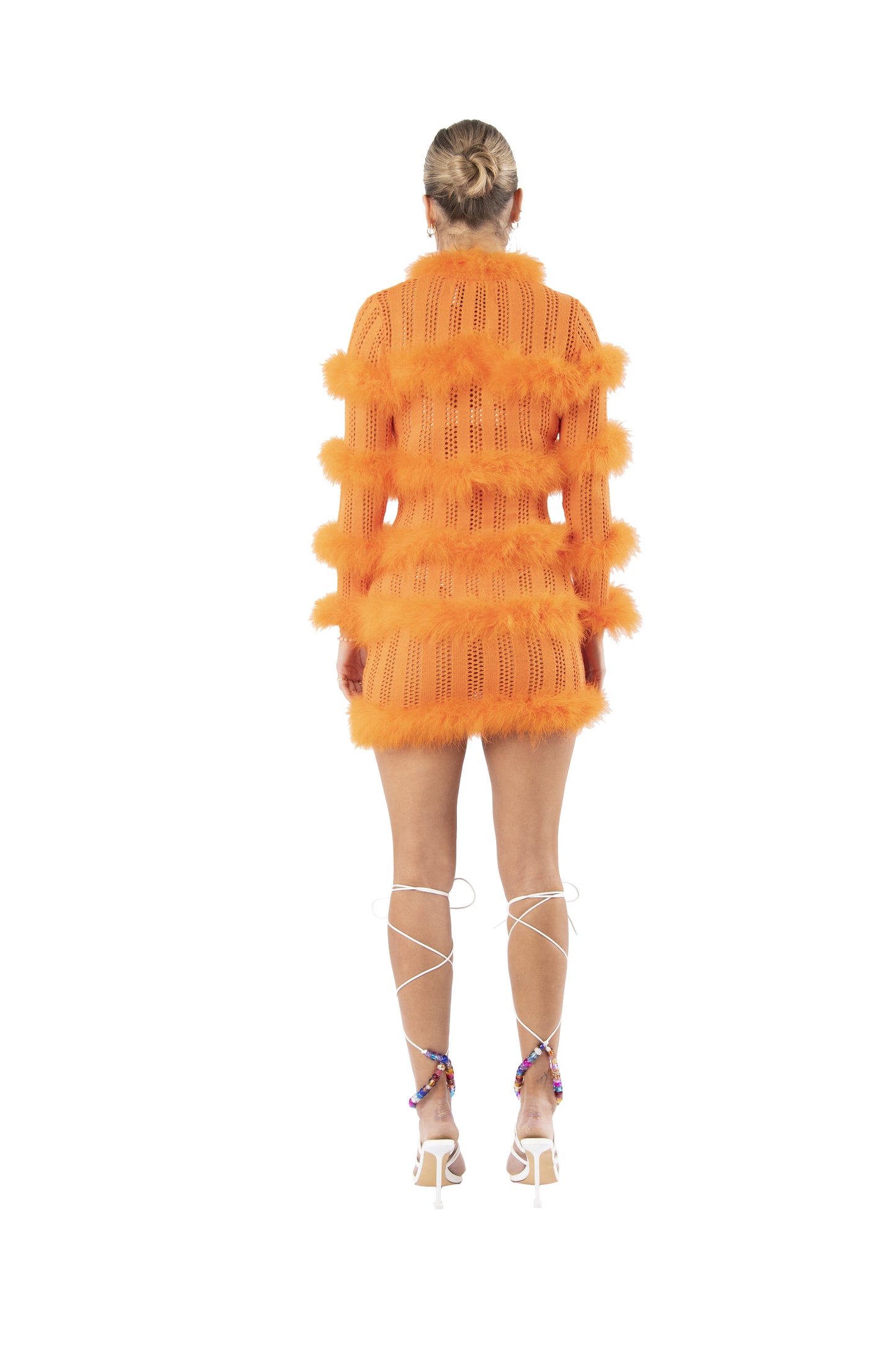 Hole-Punch Knitted Dress with Feather Trim