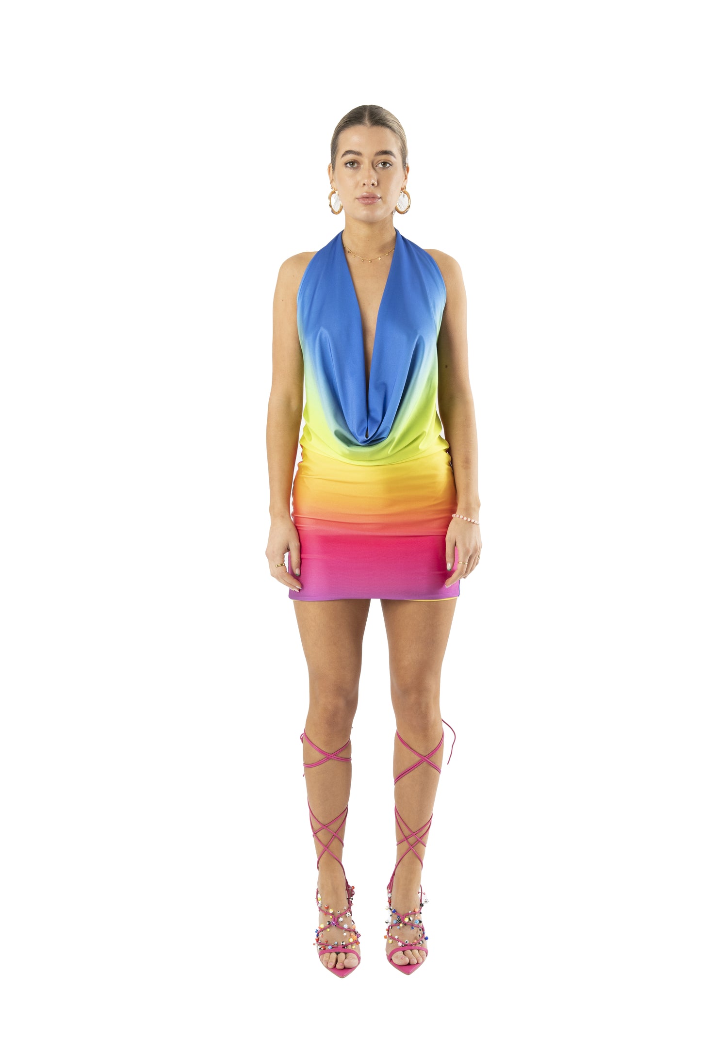 Cowl-Neck Backless Dress in Gradient Digital Print