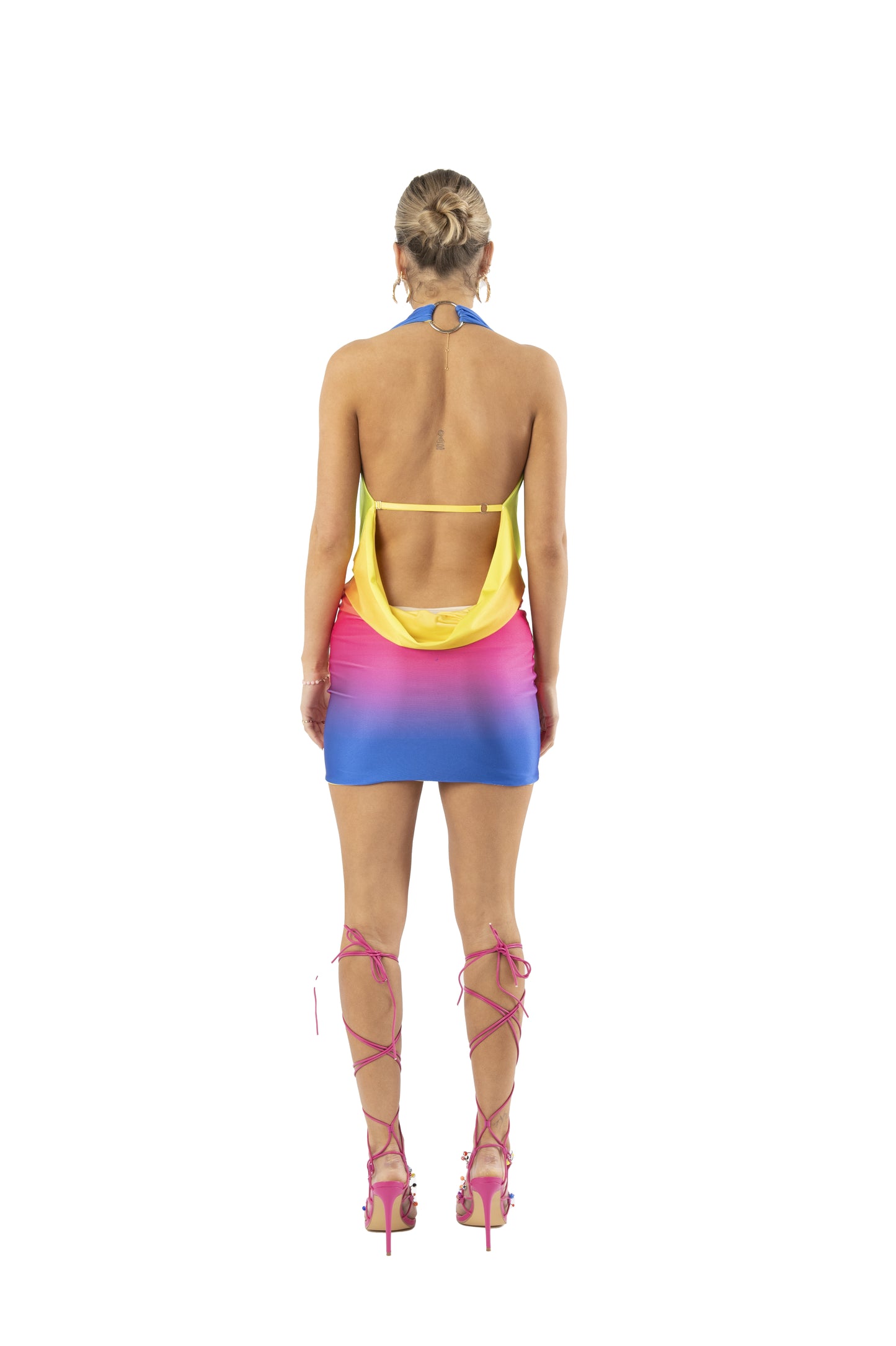 Cowl-Neck Backless Dress in Gradient Digital Print