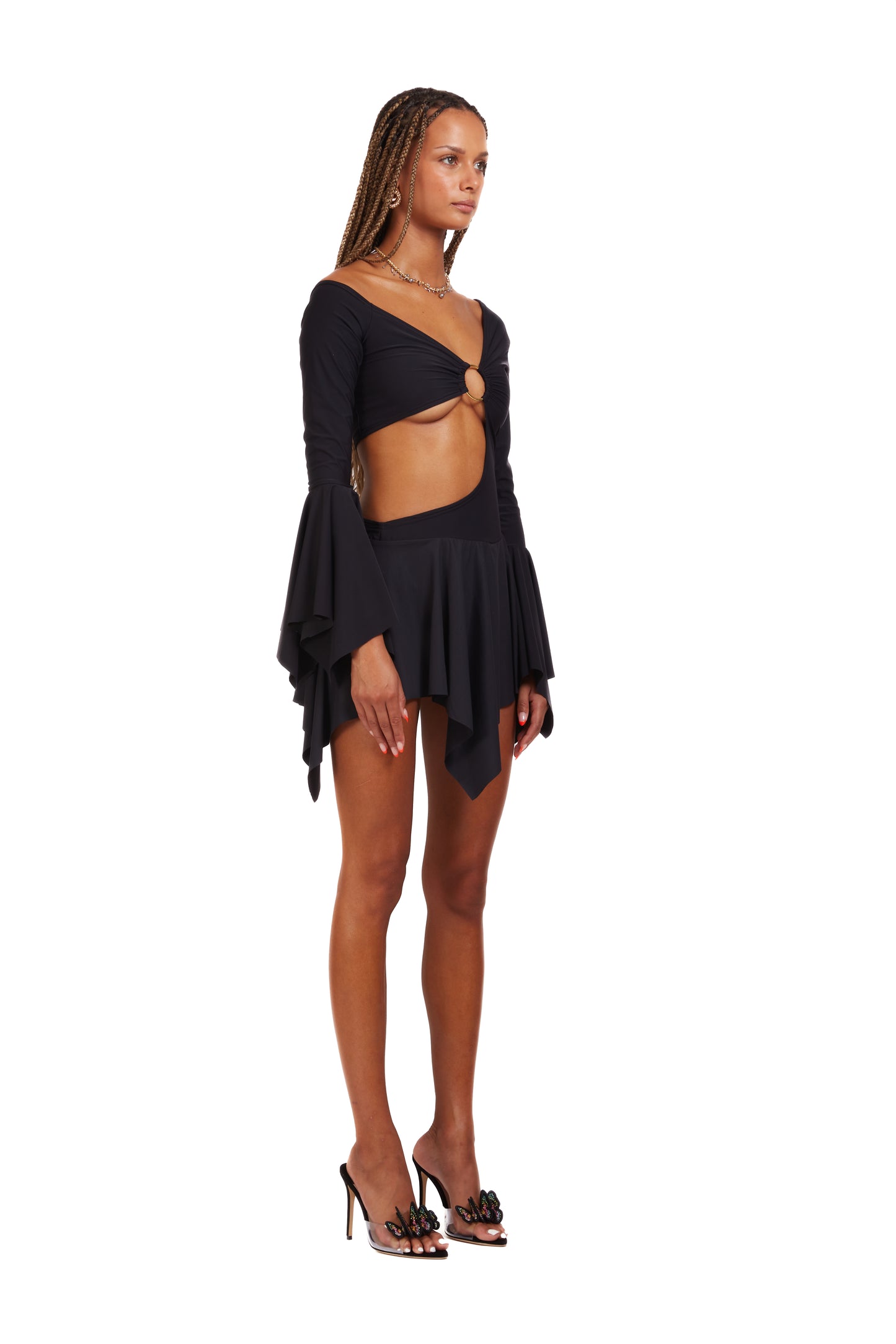 Side-Cut out asymmetric dress with O-ring front closure
