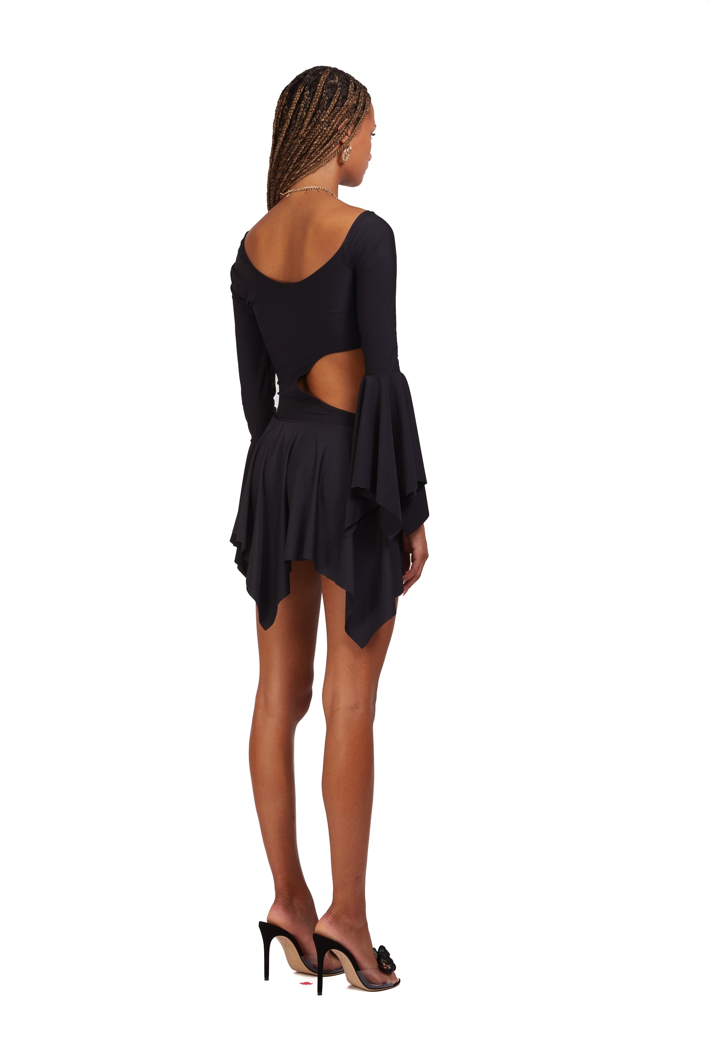 Side-Cut out asymmetric dress with O-ring front closure