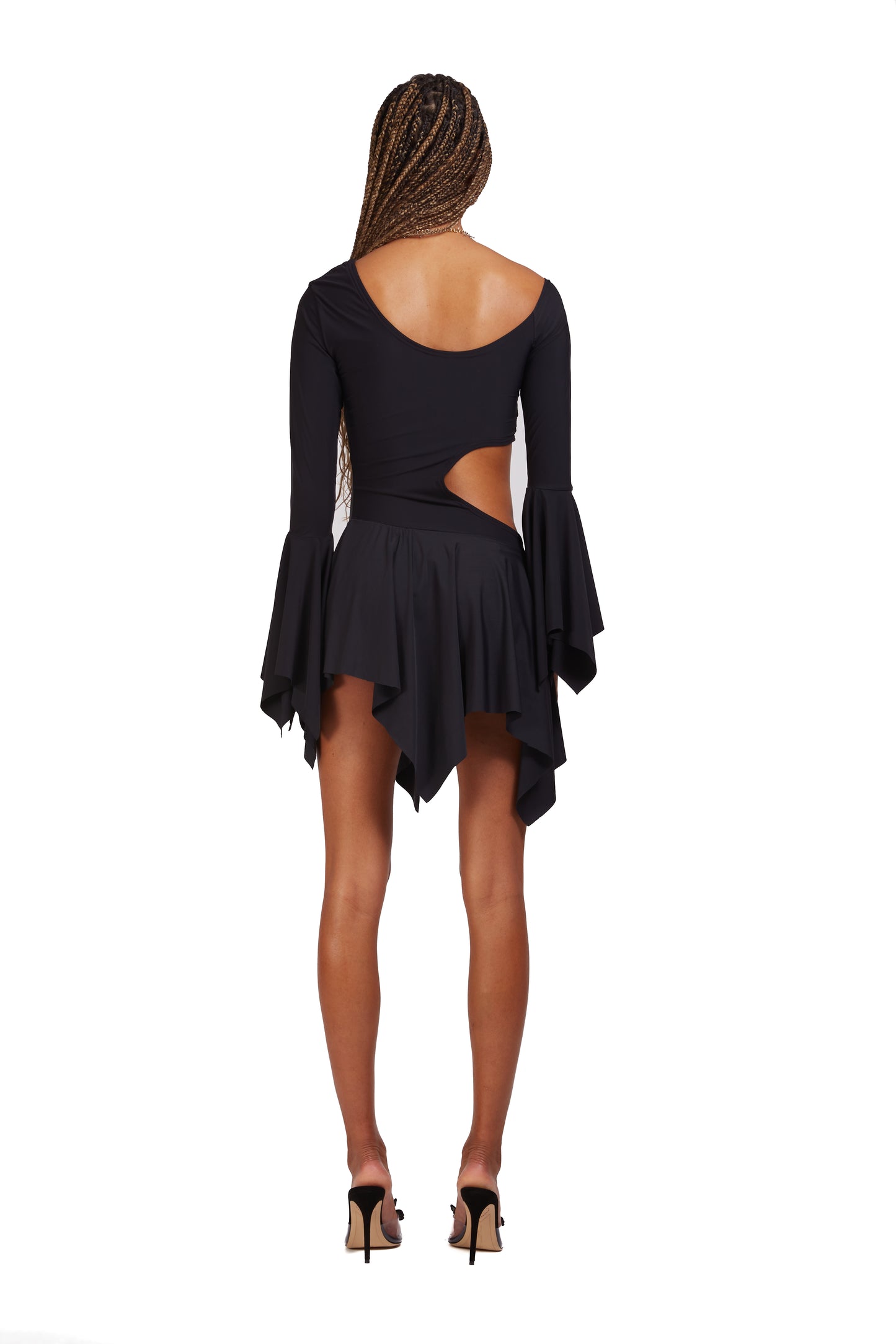 Side-Cut out asymmetric dress with O-ring front closure