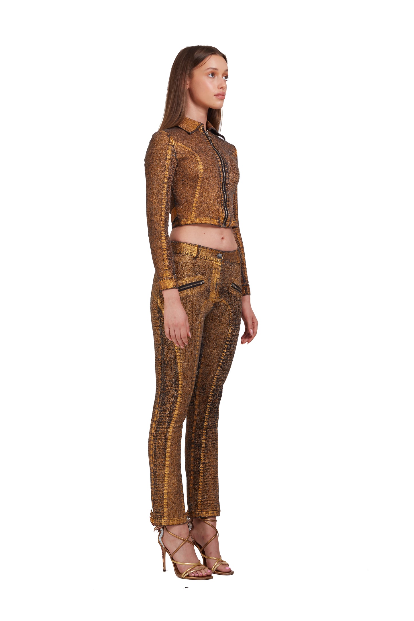Distressed Gold Metallic Denim low-waisted jeans