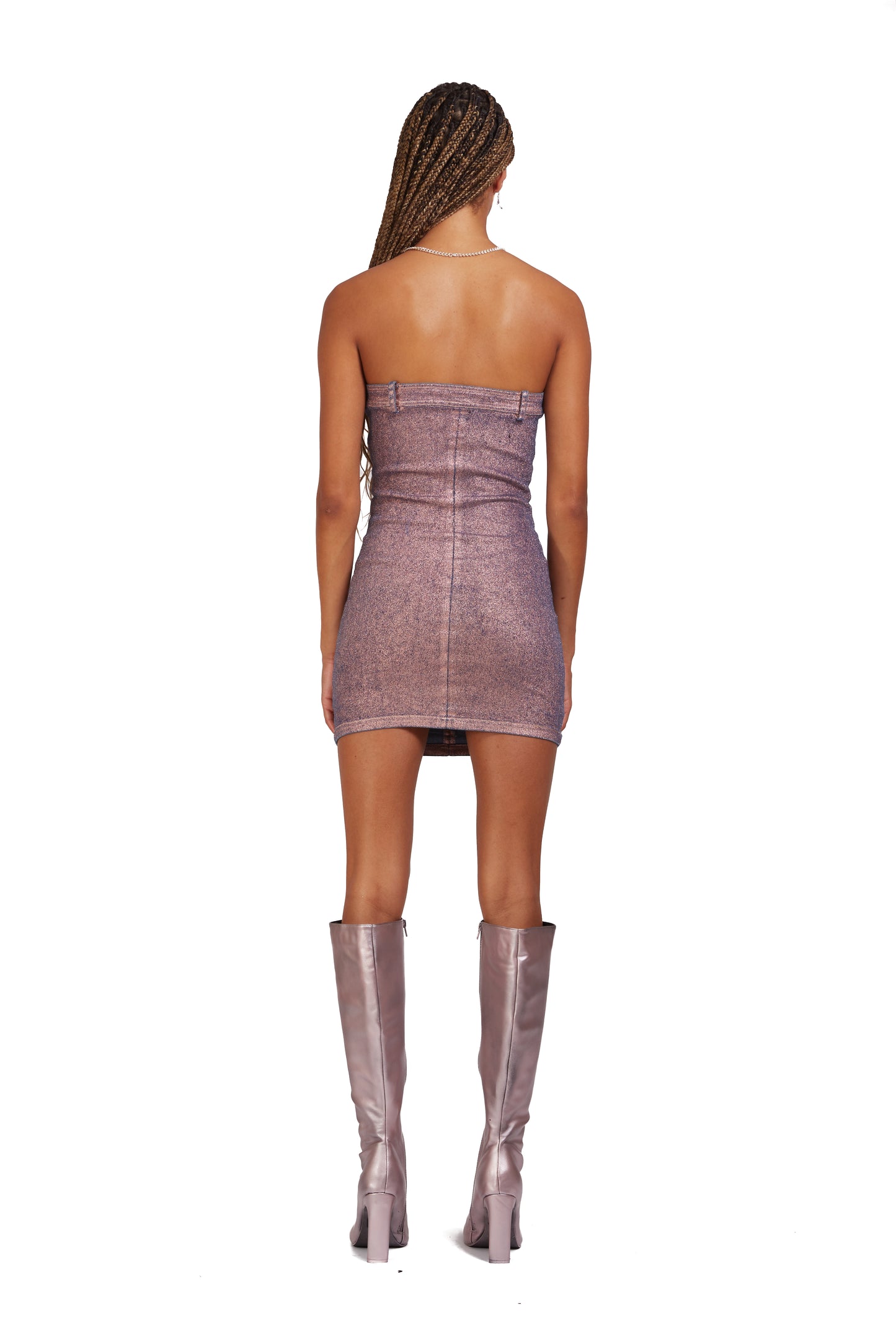 Distressed Metallic denim patch-work pocket Mini-Dress