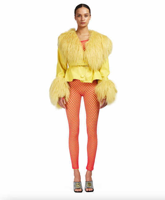 Leather Cropped Coat With Mongolian Fur Trim