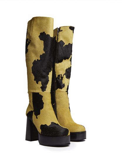 LEATHER COW-HIDE CHUNKY PLATFORM KNEE HIGH BOOTS