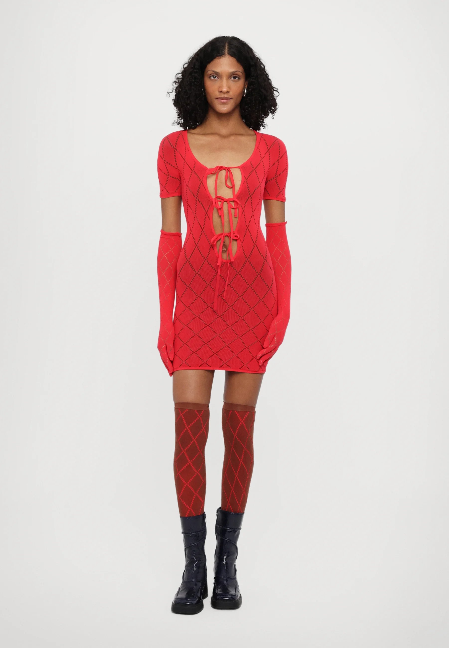 Argyle double-layer mini dress with socks and gloves