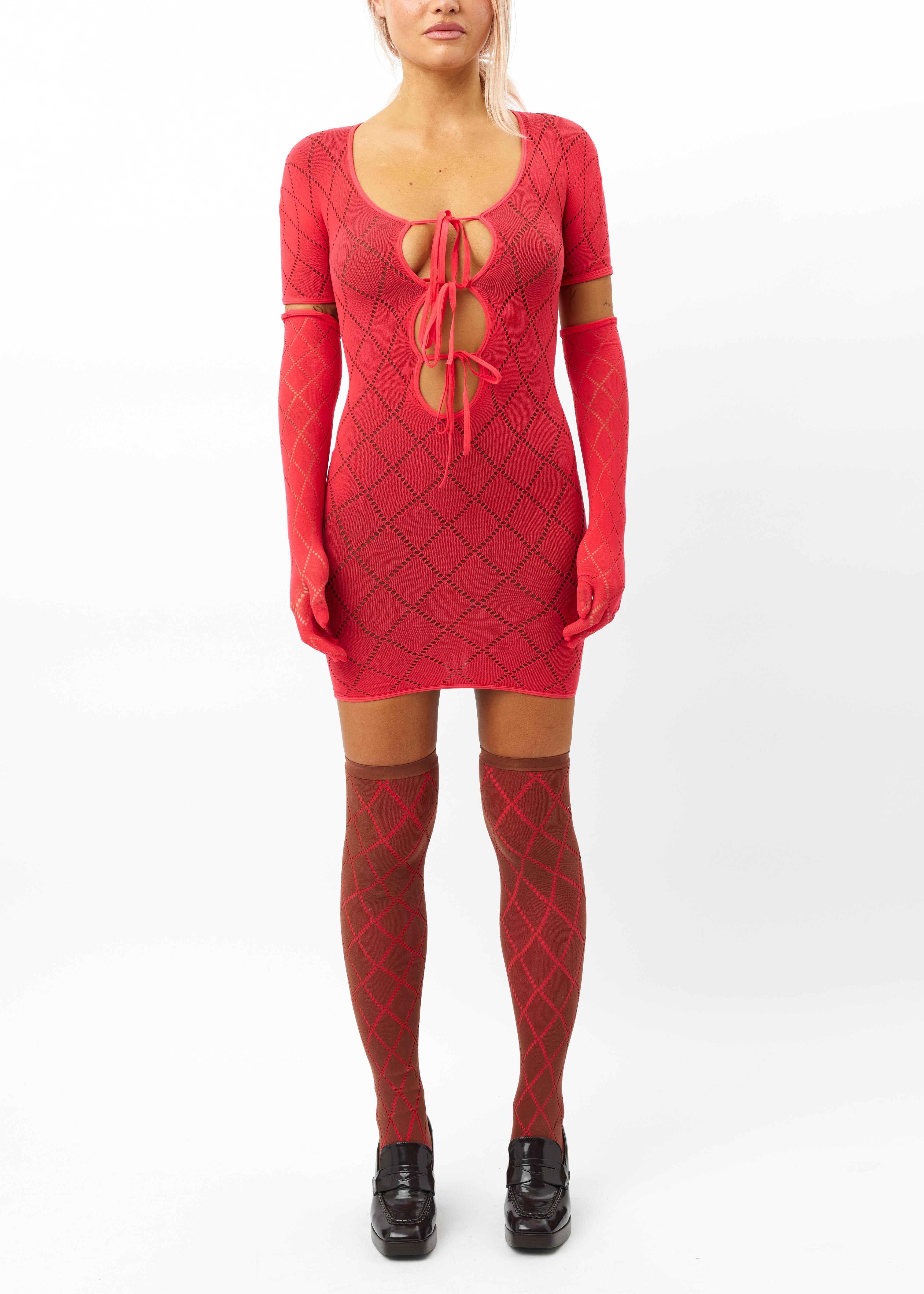 Argyle double-layer mini dress with socks and gloves