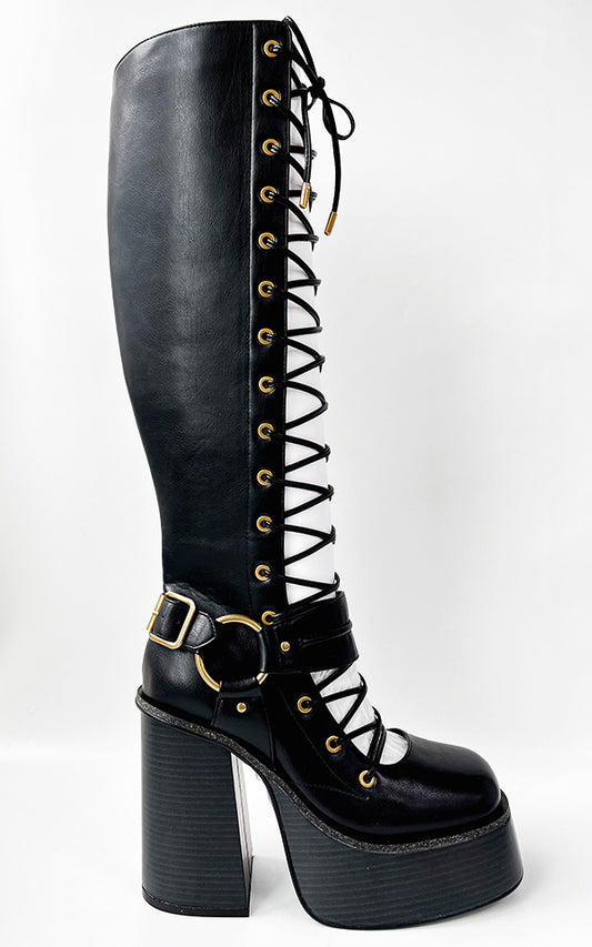 LACE UP BLACK BUCKLE BOOTS